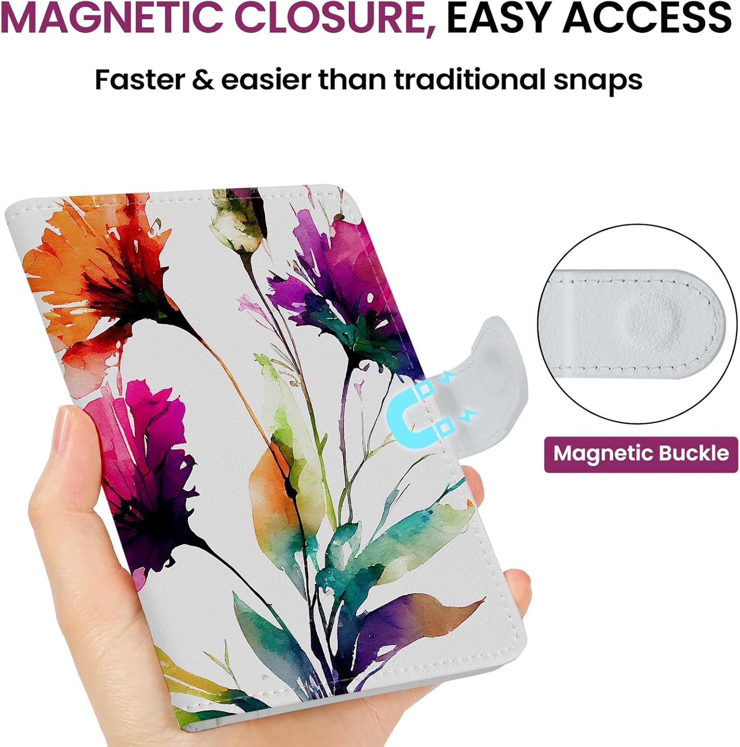 Passport Holder for Travel Essentials, RFID Blocking Leather Cover Wallet with Magnetic Closure, Aesthetic & Cute Passport Book Case for Women and Men - Floral