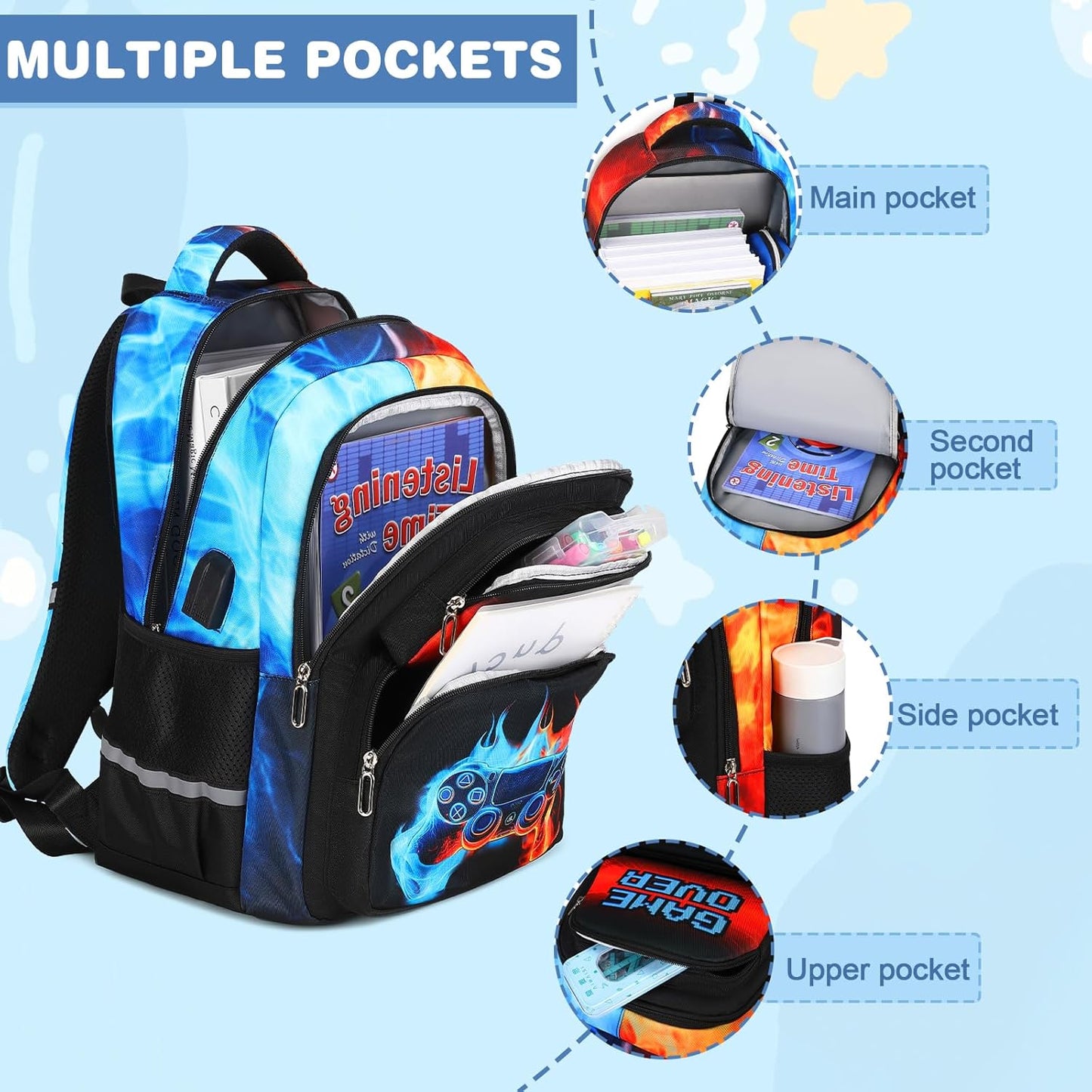 Bevalsa Backpack for Boys, School Bags for Kids, Bookbag for Boys Girls Children Teens Backpacks for Elementary Middle High school Student, Bookbag and Lunch Bag Set with USB Charging Port (Flame)