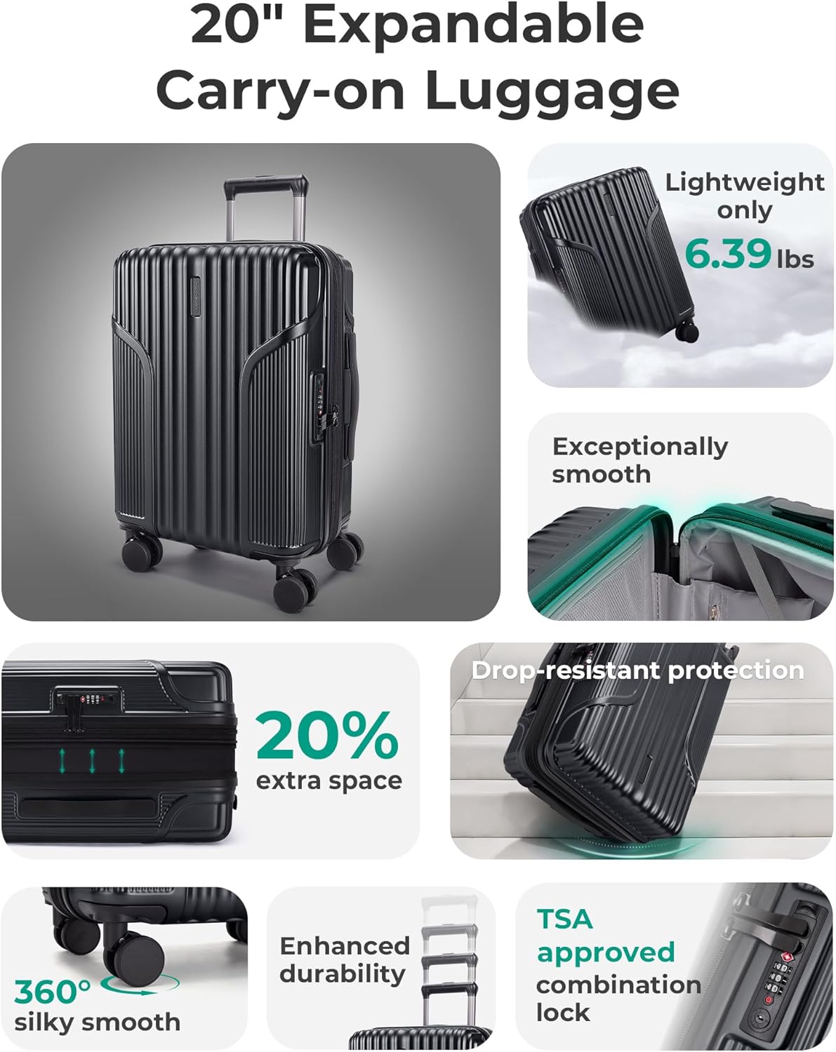 BAGSMART Carry On Luggage 22x14x9 Airline Approved, Lightweight luggage with Spinner Wheels, 20 Inch Expandable Hardside Carry On Suitcase with TSA Lock Rolling Travel suitcase Carry-On, Black