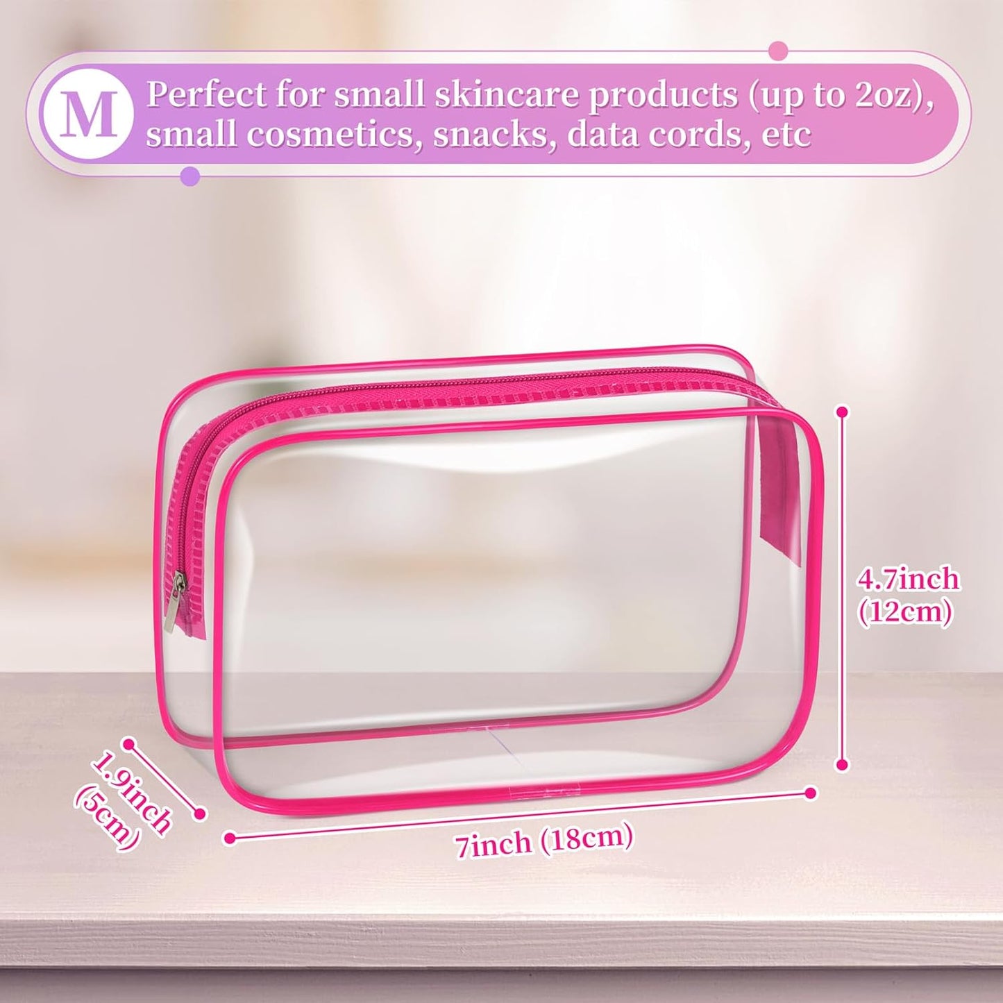 TISRATOK 12 PCS Clear Makeup Bag for Women with Zipper, TSA Approved Toiletry Pouch, Cosmetic Bag Bulk for Travel Organizer Essentials - Rose Red, Medium