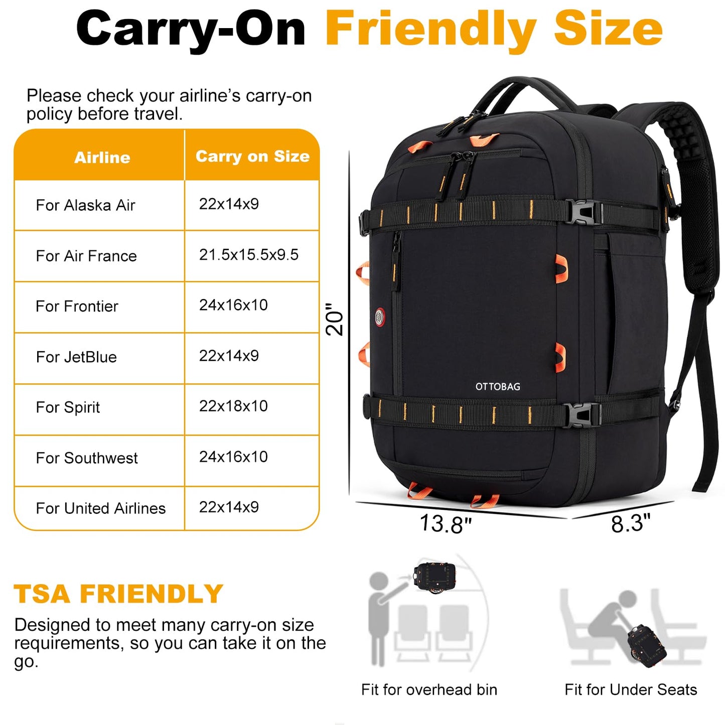 OTTOBAG 40L Travel Backpack 17.3" Laptop Carry On Duffel Flight Approved