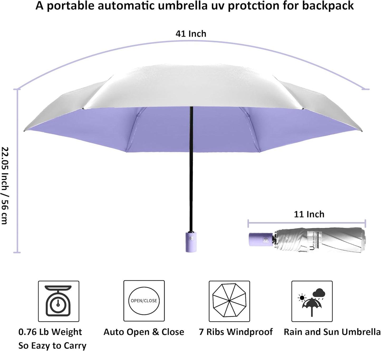 BAODINI Small UV Protection Travel Umbrella Compact for Rain and Sun UPF 50+ Windproof Portable 42 inch Umbrella for Women and Men