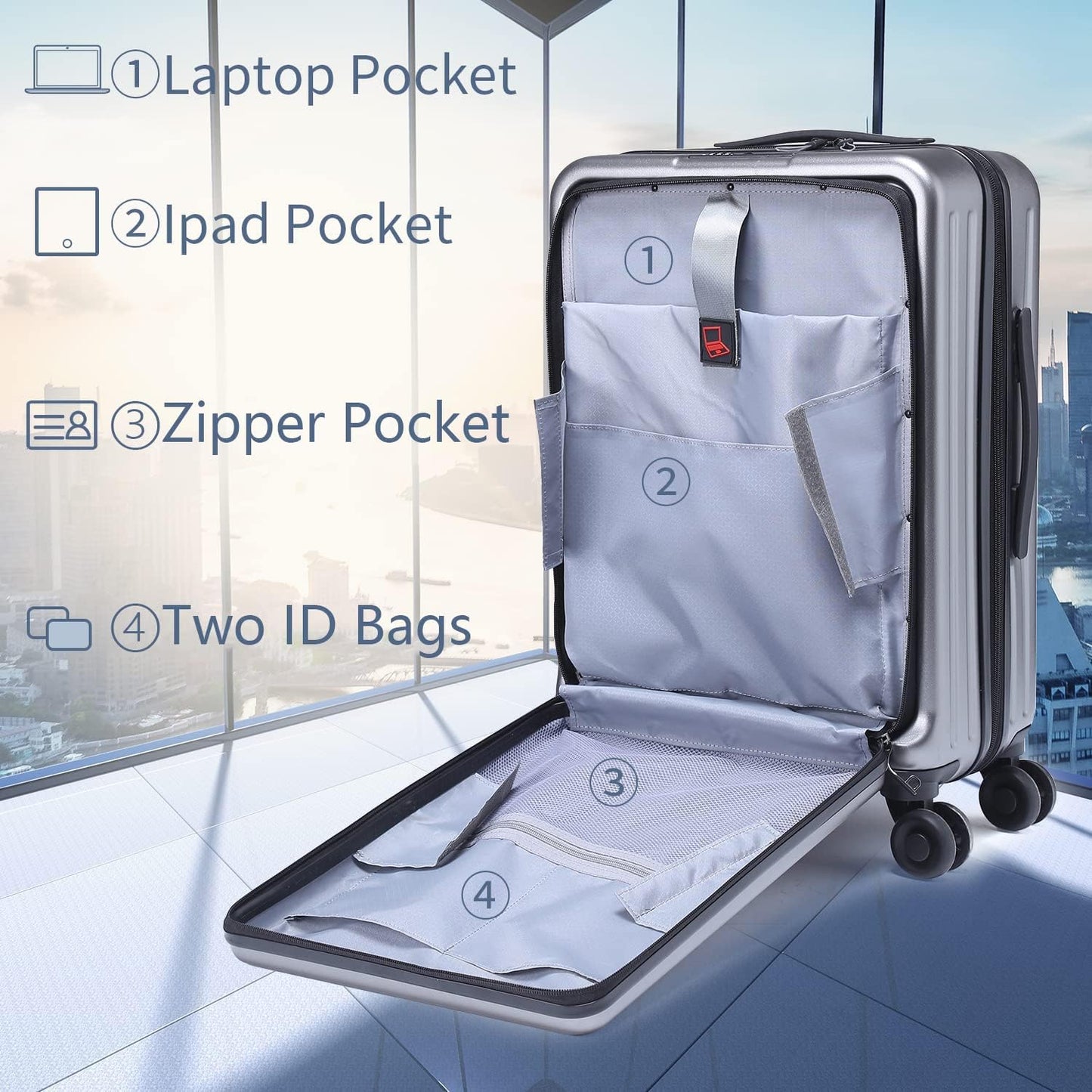 TydeCkare 20 Inch Carry On Luggage with Front Zipper Pocket, 45L, Lightweight ABS+PC Hardshell Suitcase with TSA Lock & Spinner Silent Wheels, Convenient for Business Trips, Gray
