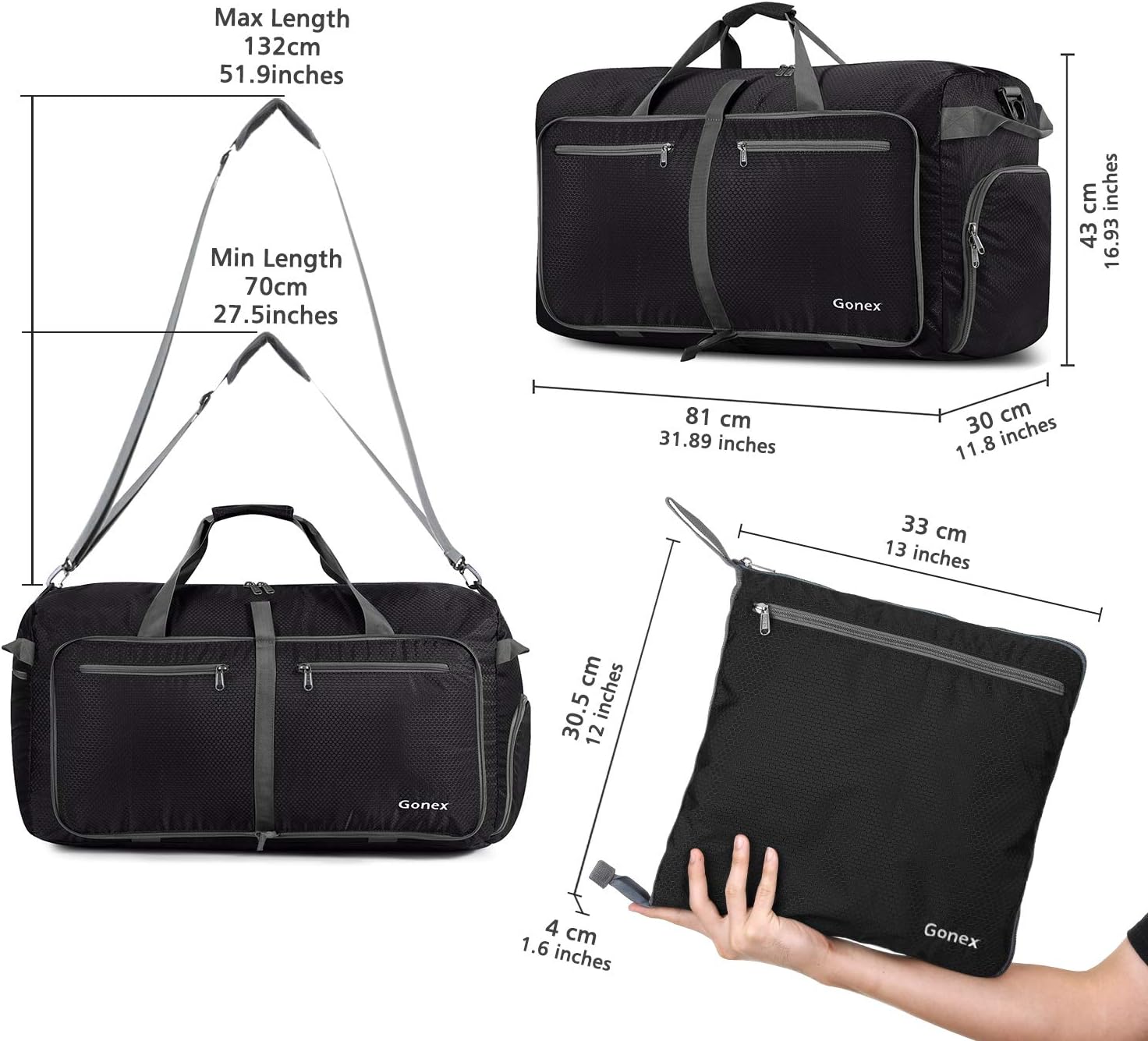 Gonex 40L 60L 80L 100L 150L Large Foldable Travel Duffle Bag with Shoes Compartment, Packable