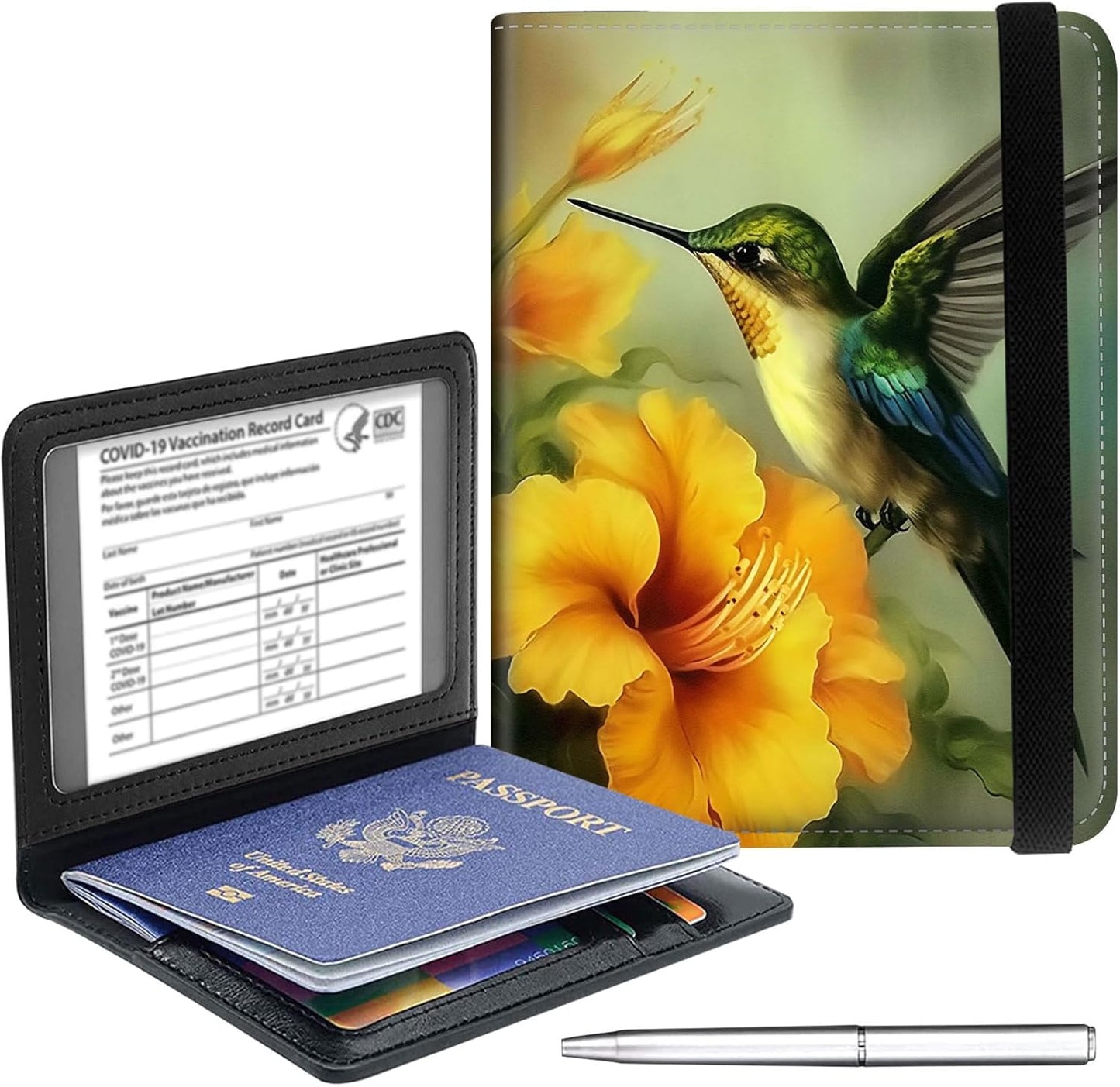 Passport Holder Cover Wallet Travel Essentials RFID Blocking Case Leather Passport Cover Wallet Vaccine Card Slot Organizer for Men Women, Hummingbird
