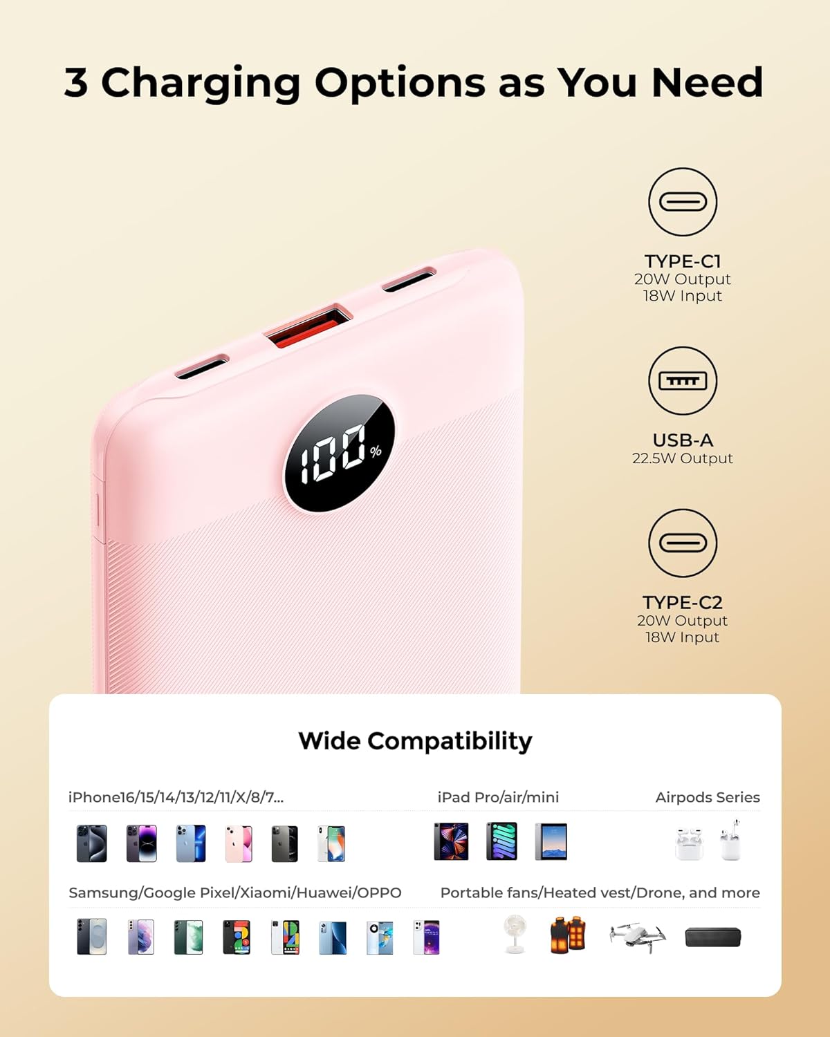 Small Portable Charger Power Bank 10,000 mAh, Upgraded Compact Battery Pack for Phone Charging, PD3.1&QC Fast Charging Mini Travel Power Bank for iPhone/Samsung/Google/Tablet/AirPod (Pink)