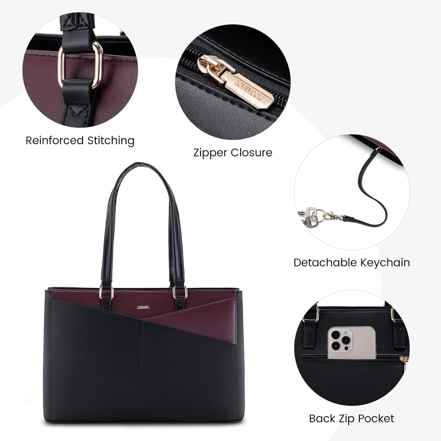 LOVEVOOK Laptop Tote Bag for Women, Office Work Bag Briefcase fit for 15.6 inch Laptop, Large Capacity Teacher Computer Bag Handbag Black/Purple