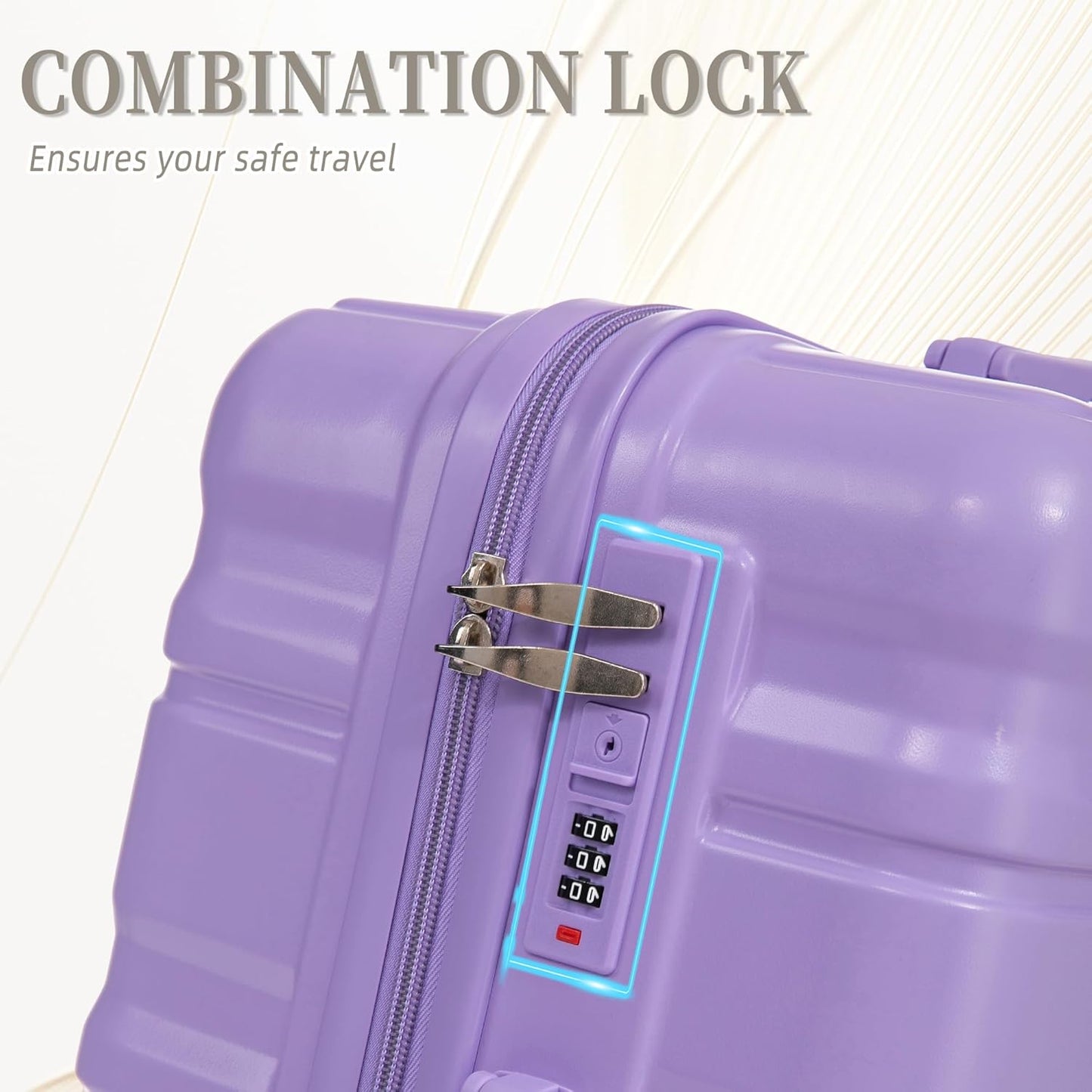 Campfun 3 Piece Luggage Sets, ABS Suitcase Set with Double Spinner Wheels Hang Hook, Durable Carry On Luggage with Combination Lock, 20/24/28 inch, Purple