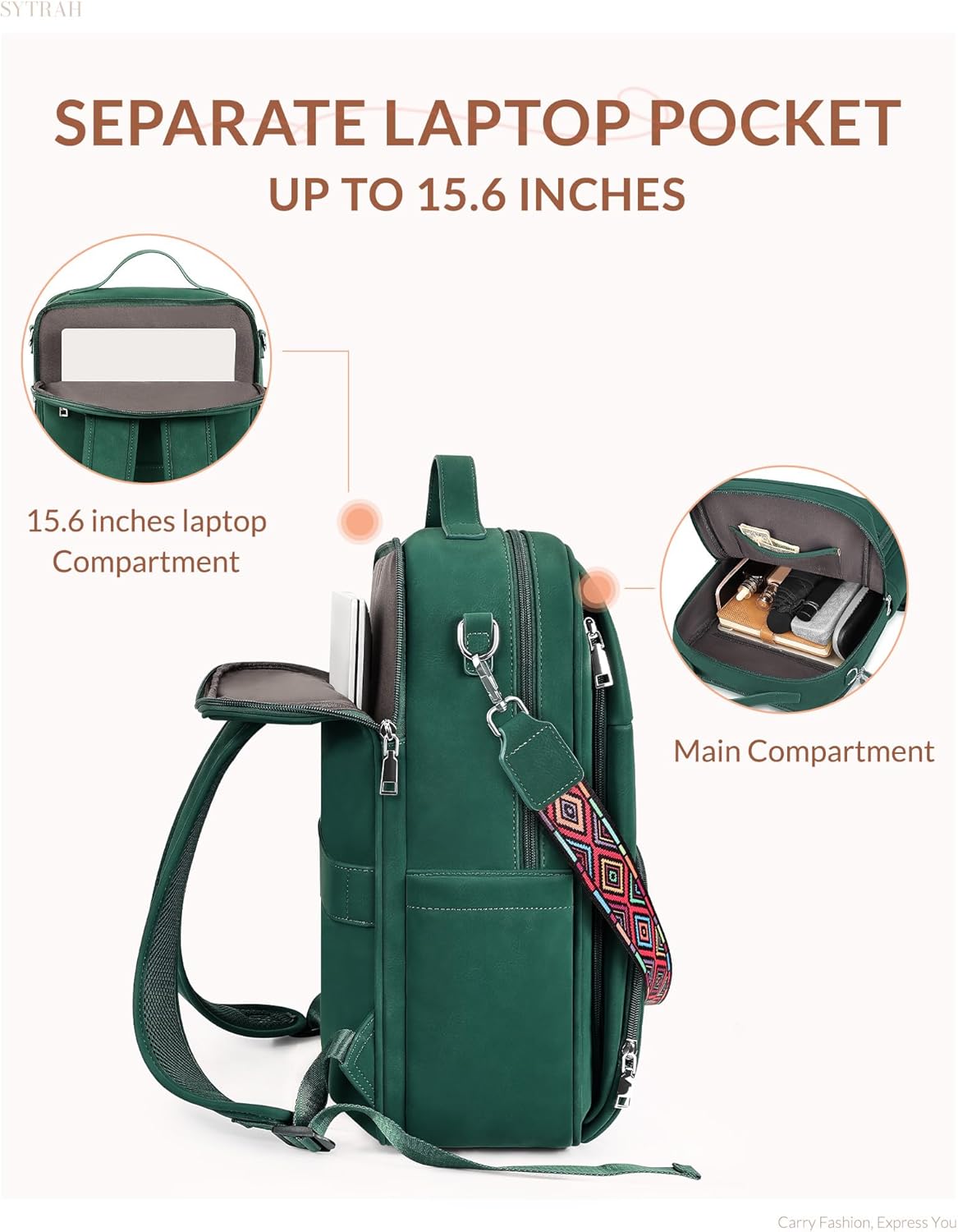 Leather Laptop Backpack, 15.6 Inch Business Computer Bag, Designer College Backpack Travel Backpack with Colorful Shoulder Bag Strap Green