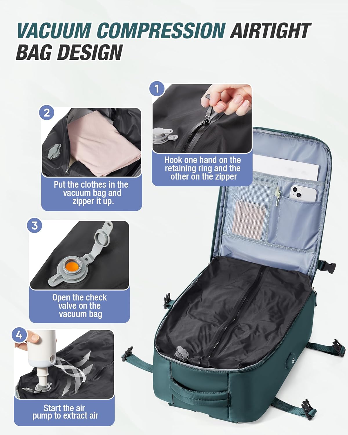 Vacuum Backpack Travel with Pump,Vacuum Seal Backpack Travel,Flight Approved 18x14x8, Work Business Vacpack Laptop Backpack for Women Men,Peacock Blue