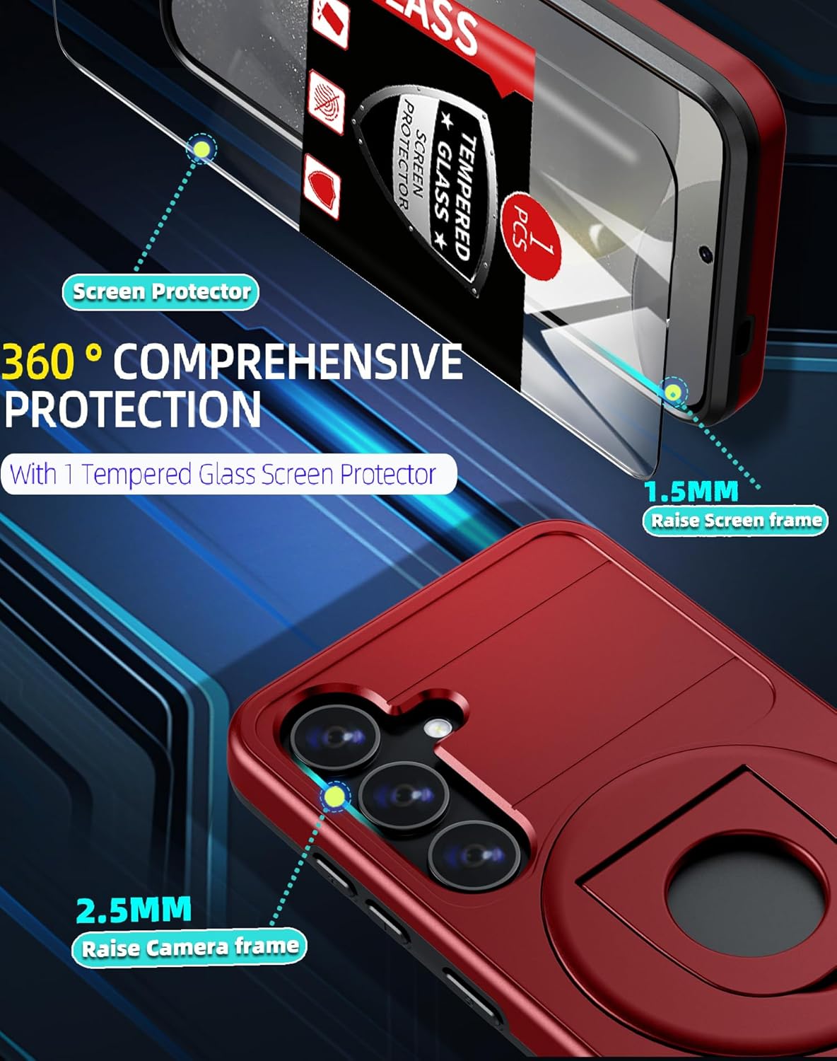 for Samsung Galaxy S24 Case Magnetic Compatible with MagSafe Wireless Charging,with Screen Protector,for S24 Phone Case with Kickstand Ring Anti-Scratch Shockproof Heavy Duty Protection Red