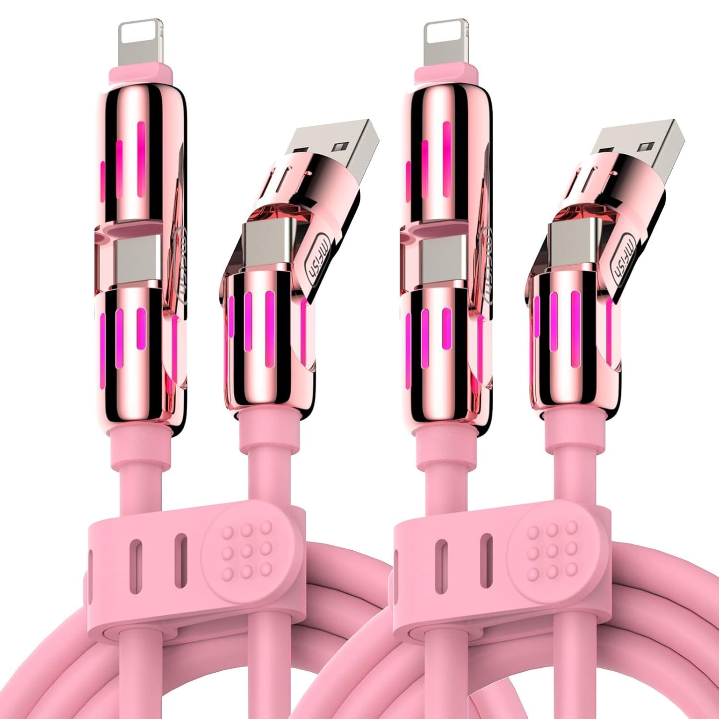 MFish 240W 4-in-1 Universal USB Charging Cable [2 Pack, 6.6ft] – Fast Charger Cord with USB-A, Dual USB-C & Lighting, for iPhone 14/15/16/17 Series, iPad & MacBook & More (2PACK, Pink+Pink, 6.6Ft)
