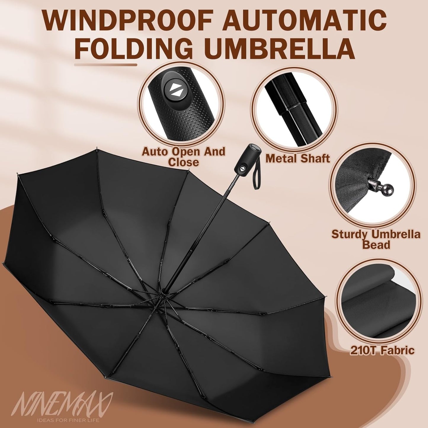 NINEMAX Travel Folding Umbrella Windproof for Men Women, Portable Compact Umbrellas Automatic Open and Close for Rain