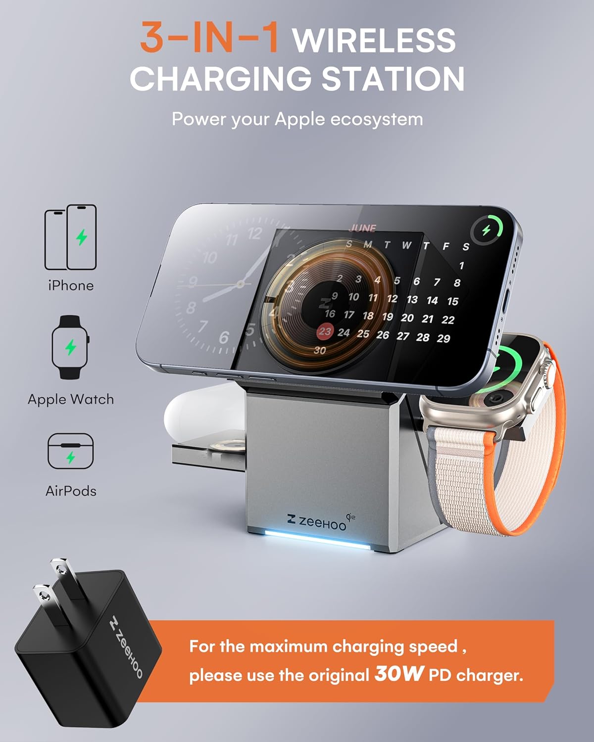 ZEEHOO 3 in 1 Charging Station for Apple, iPhone Mag-Safe Charger, Qi2 Certified, Rotating Wireless Charger Stand for iPhone 17 16,15,14,13,12 Series, Apple Watch, AirPods (USB-C Charger Included)
