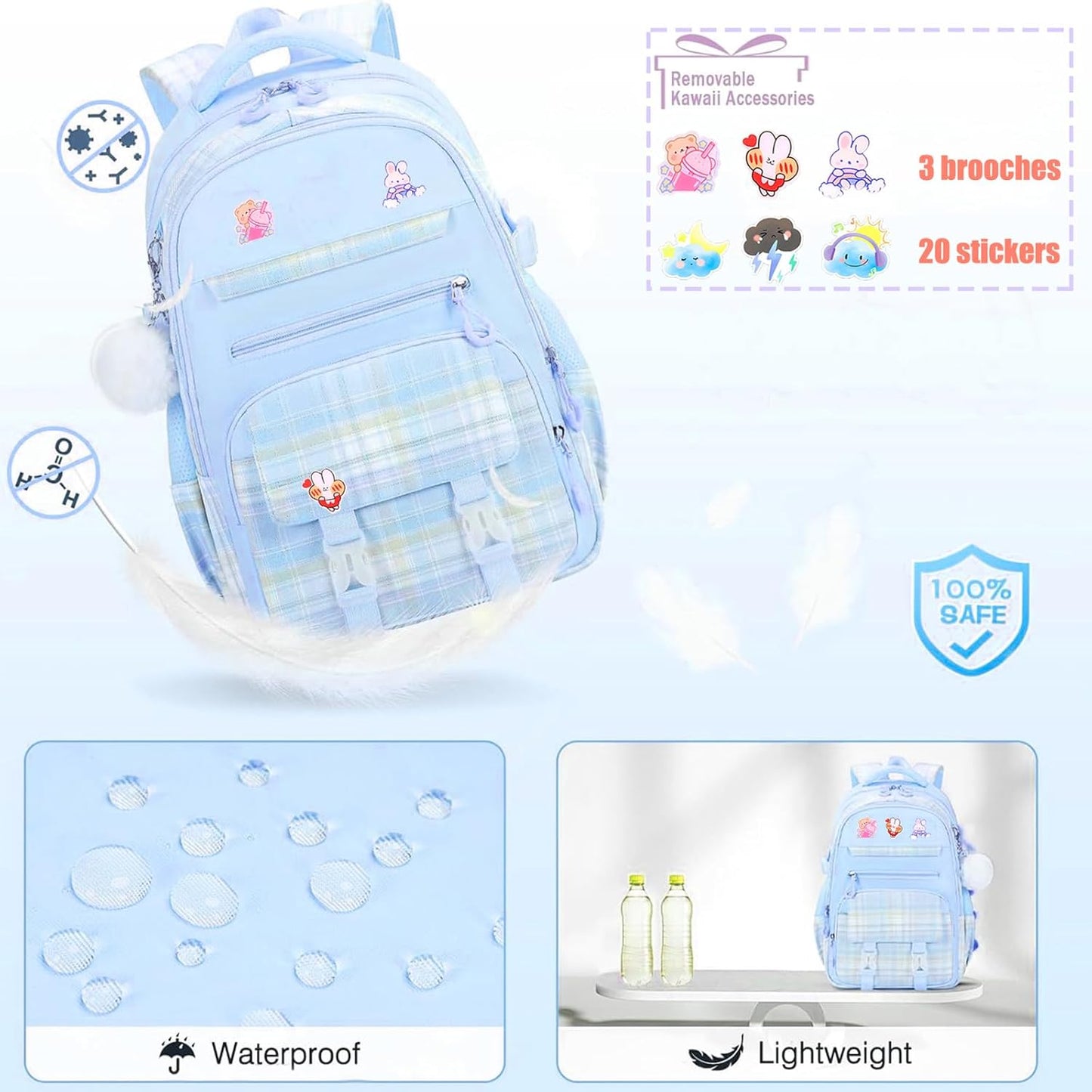 Cute Girls Backpack, 3PCS Cute Kids School Bag, 16.8 Inch Kindergarten Primary Backpack with Lunch Box Pencil Case Set(Blue)