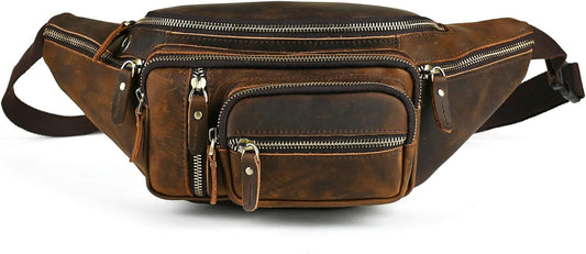 Thick Crazy Horse Leather Hiking Riding Travel Outdoor Belt Fanny Waist Pack Small Phone Pouch For Men Women 380 (379 Brown)