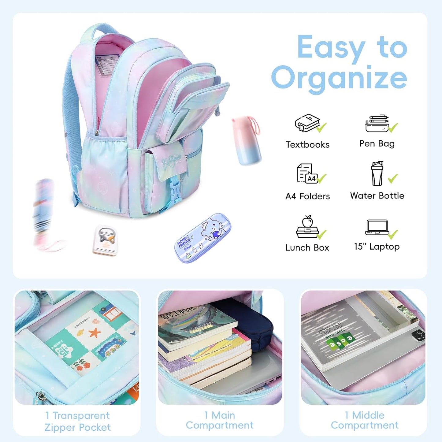 Tanou Backpack with Lunch Box for Girls, Kawaii Set School Bag for Kid Elementary Middle School, Aesthetic Laptop Bookbag Lightweight, Blue