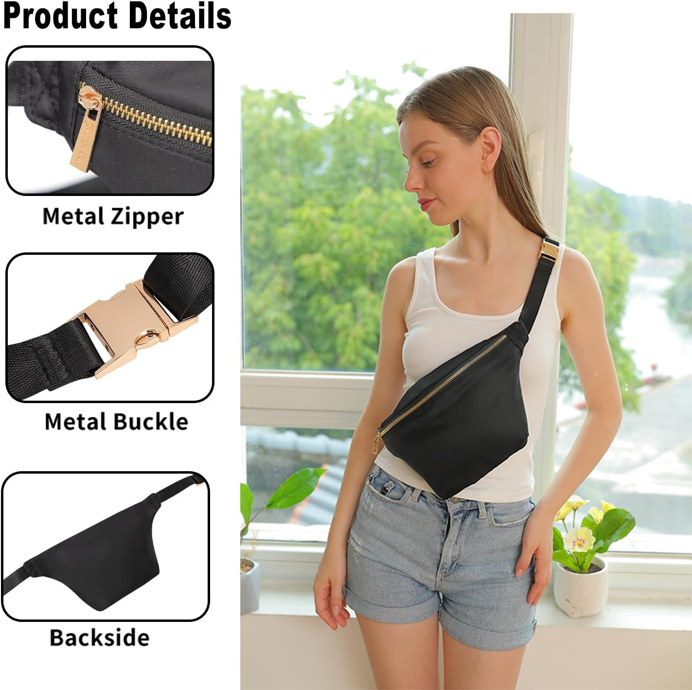 Fanny Pack Crossbody for Women Nylon Travel Waist Belt Bag (Black)