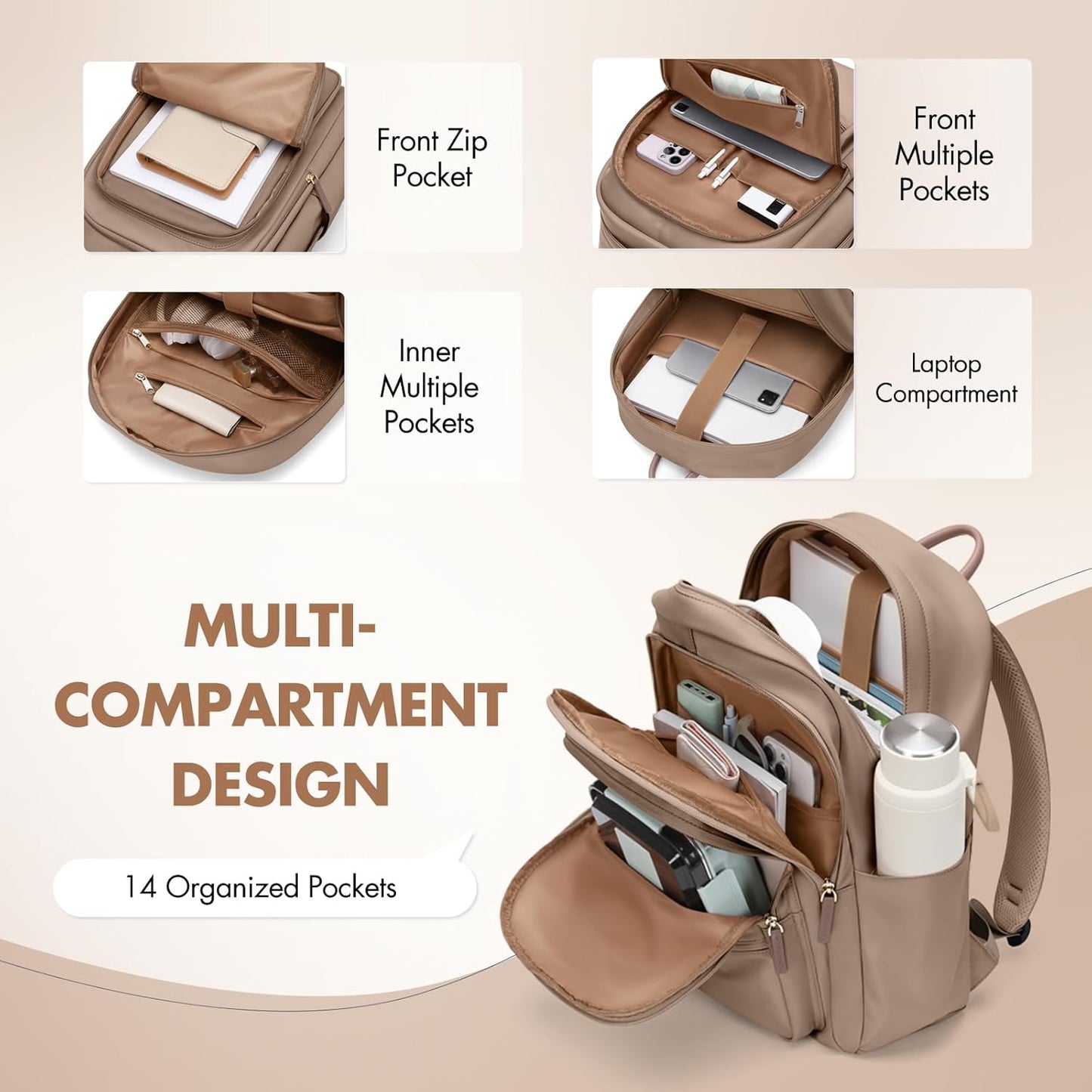 GOLF SUPAGS Backpack for Women Work College Travel Laptop Backpacks Multi-Functional Casual Daypack Teacher Nurse Everyday Bags Fits 15.6 Inch Notebook (Champagne)