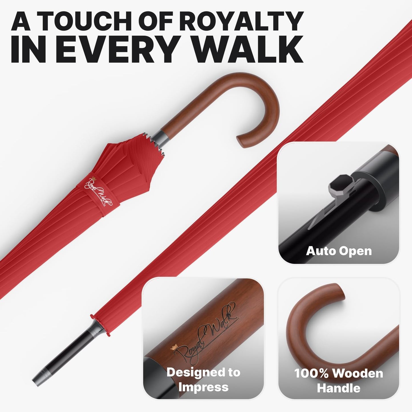 Royal Walk Windproof Large Umbrella for Rain 54 Inch Automatic Open for 2 Persons Wind Resistant Big Golf Umbrellas for Adult Men Women Classic Wooden Handle Fast Drying Strong 16 Ribs Travel 120cm
