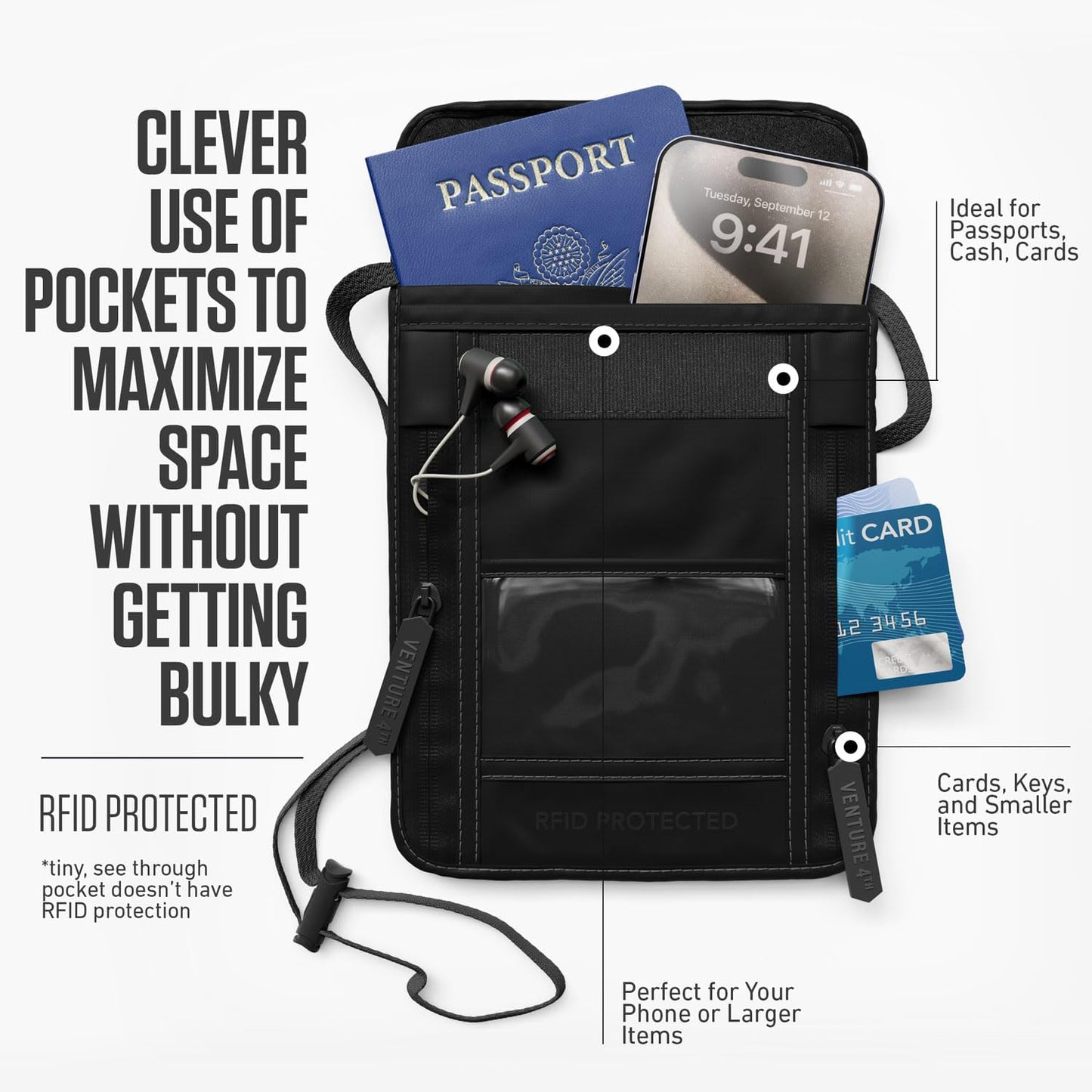 VENTURE 4TH Neck Wallet, RFID Blocking Passport Holder for Travel – Hidden Neck Pouch with 5 Compartments, Slim Lightweight Organizer with Adjustable Strap for Cash, Cards & Passport (Sleek Black)