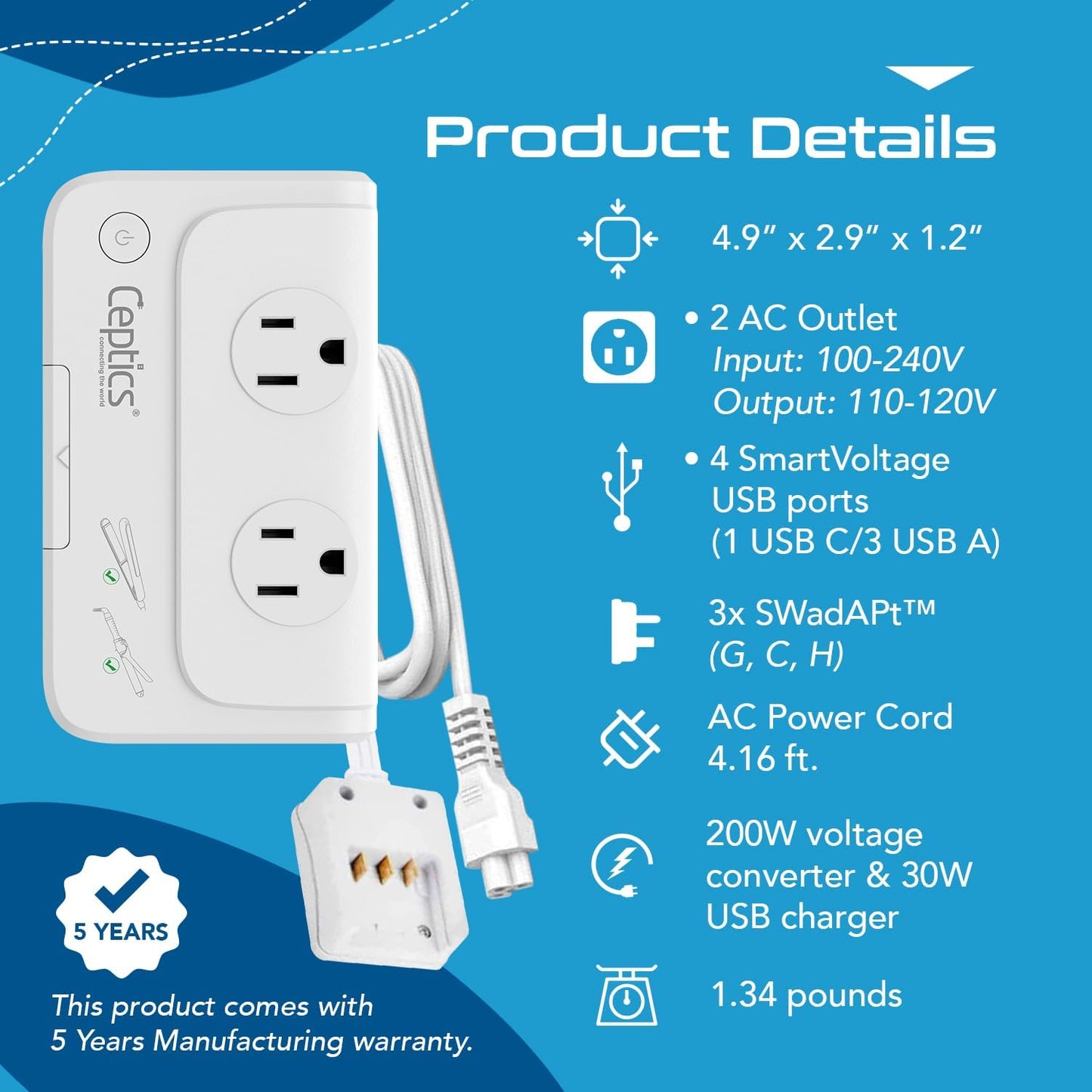 Ceptics Egypt, Dubai, Jordan Voltage Converter, Convert 220V to 110V for Devices Like Curling Iron Straightener Chargers 4 USB PD 18W Fast Charging Type H, C, G