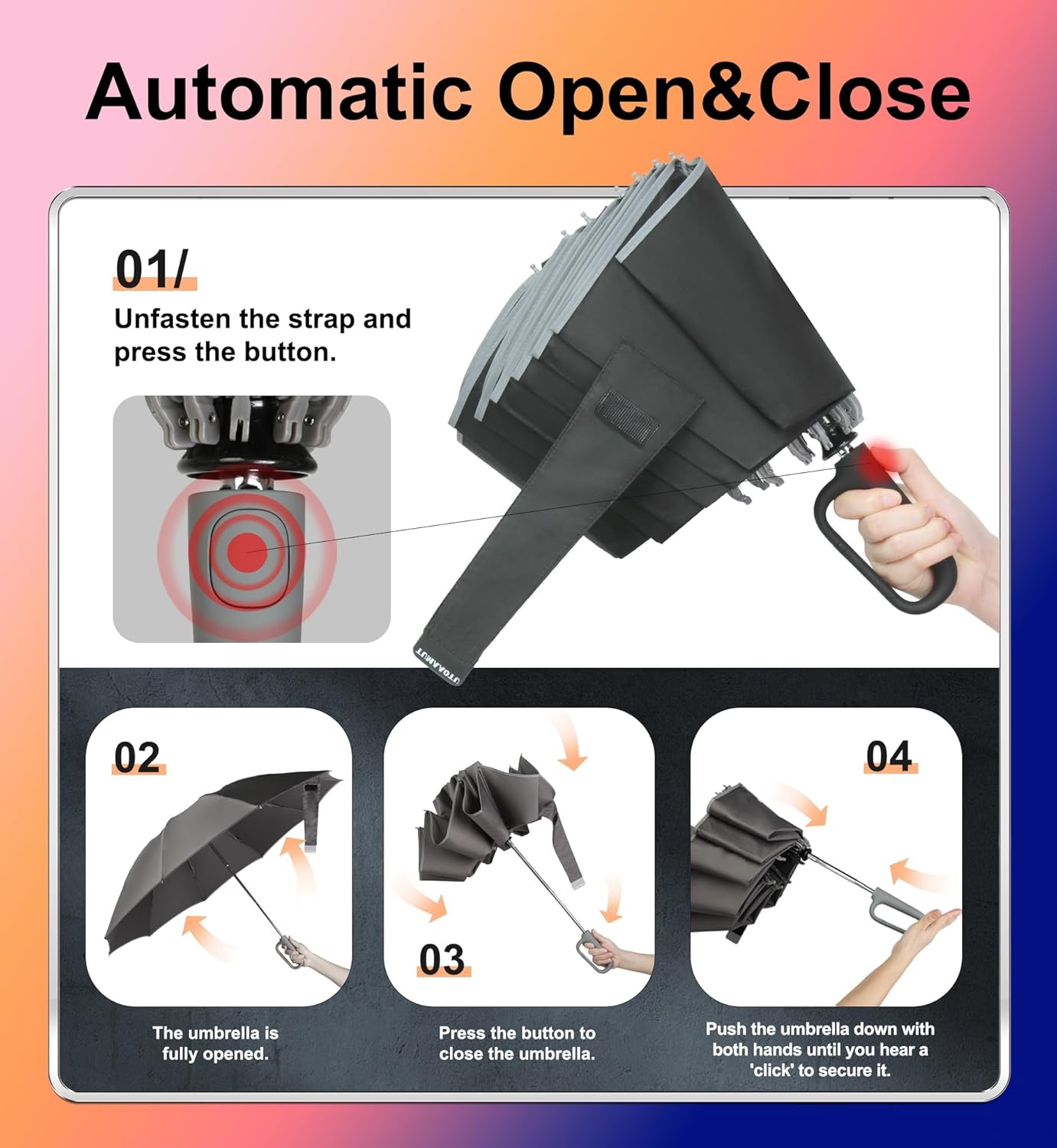 QWB TUMAAOTU Inverted Umbrella with Carabiner Handle, Wind Proof Umbrellas For Rain and Sun, 46 Inch Portable Reverse Folding UV Umbrella, Car Umbrella for Women Men, 10 Ribs
