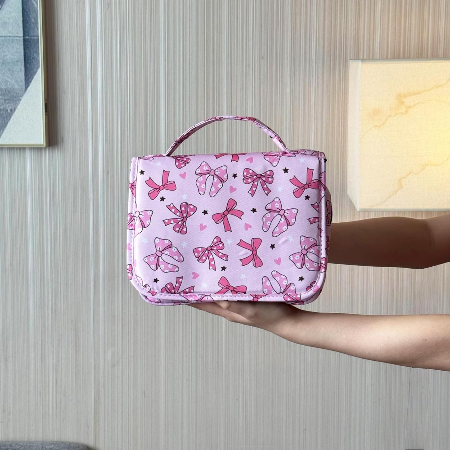 Crazy Bison Pink Bows Hanging Travel Toiletry Bag Kit Makeup Bag Cosmetics Organizer for Men Women (Pink Bows)
