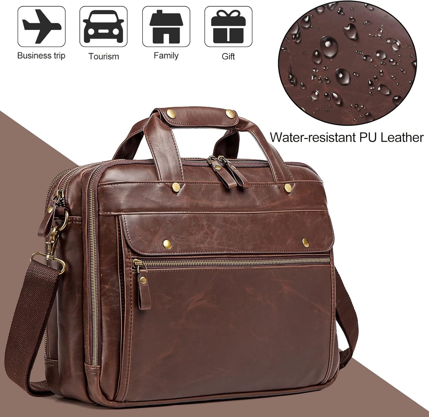 Bosidu Leather Briefcases for Men 15.6 Inch Laptop Messenger Bag with Triple Compartments Water-Resistant Computer Shoulder Bag for Business, Travel, Work, Office, Brown