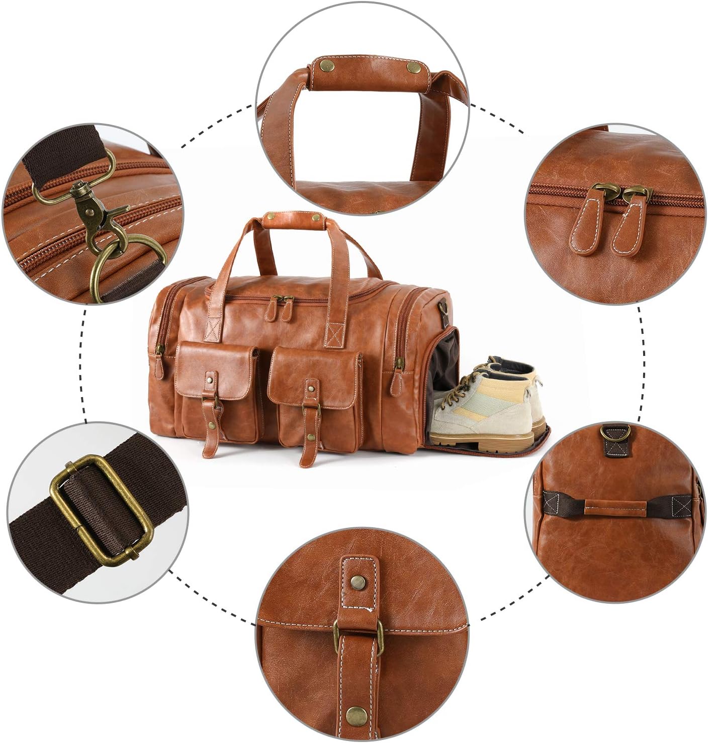 Zeroway PU Leather Travel Duffel Bag with Shoe Pouch Large Carry on Bag Waterproof Weekender