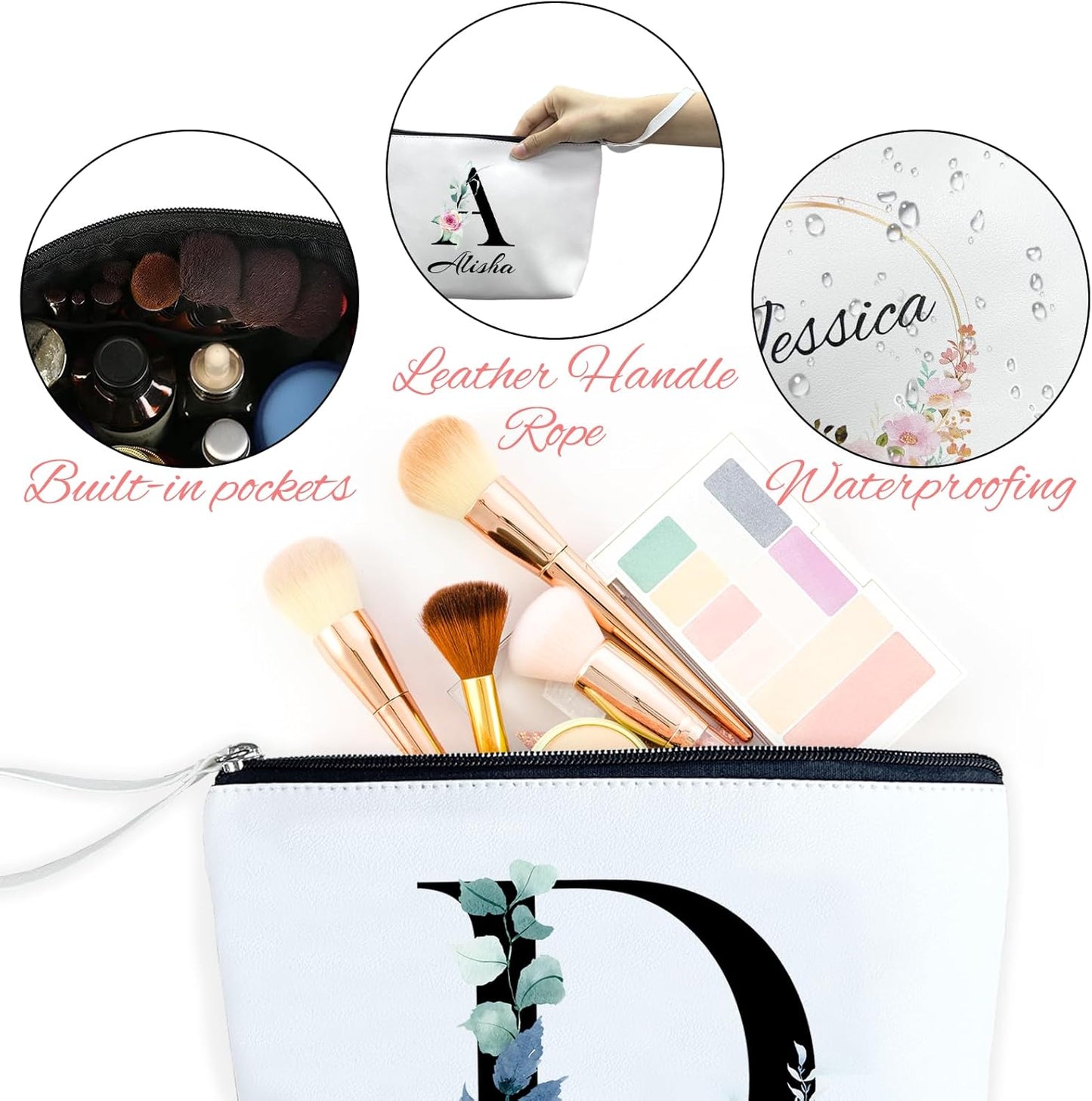 ubmpj Personalized Makeup Bag PU Leather Waterproof Custom Monogrammed Cosmetic Bag with Inner Pocket Gift for Wedding Birthday Christmas Bride Bridesmaid Friends