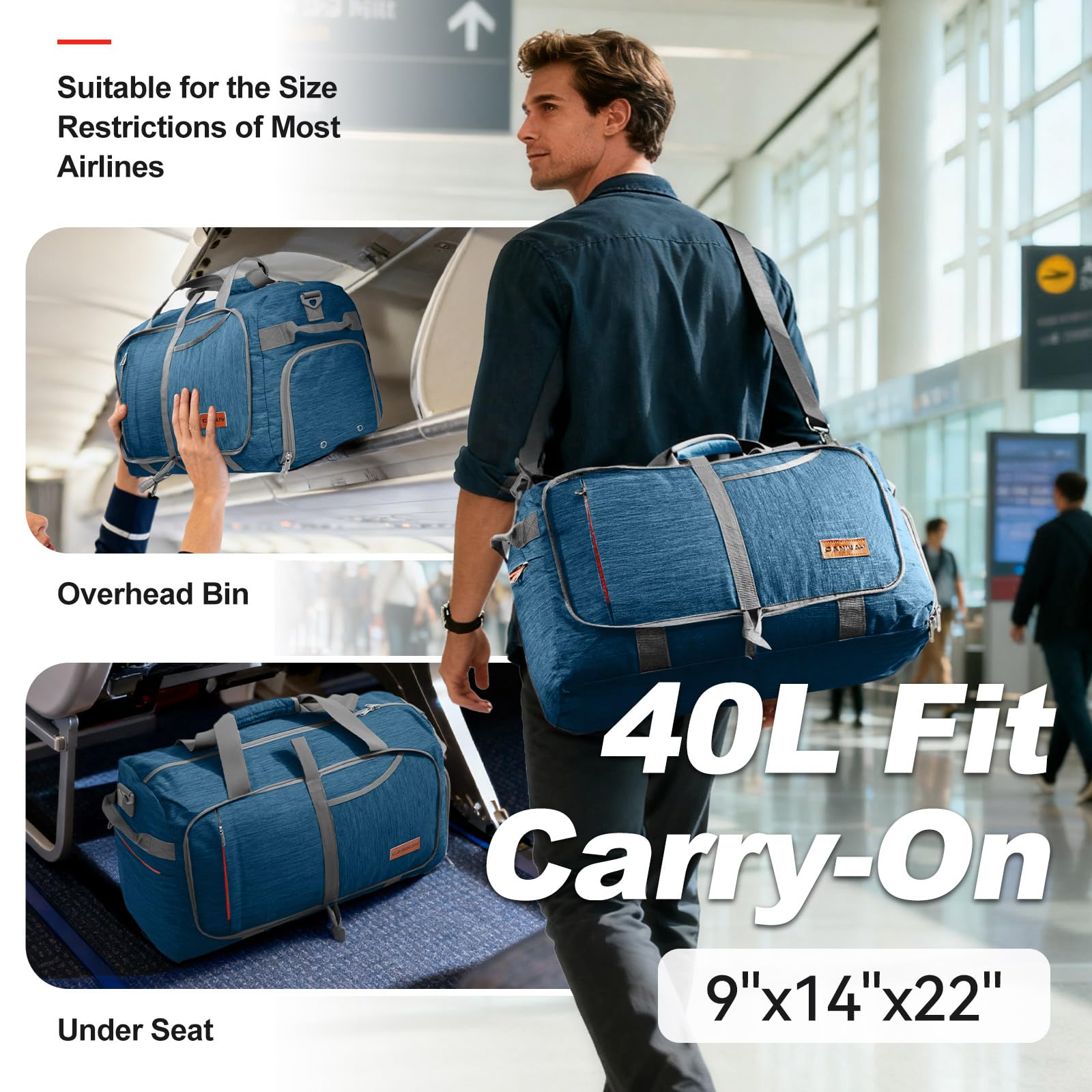 Canway 40L Foldable Duffle Bag for Travel Men & Women Carry On 22"x14"x9" Airline Approved, Small