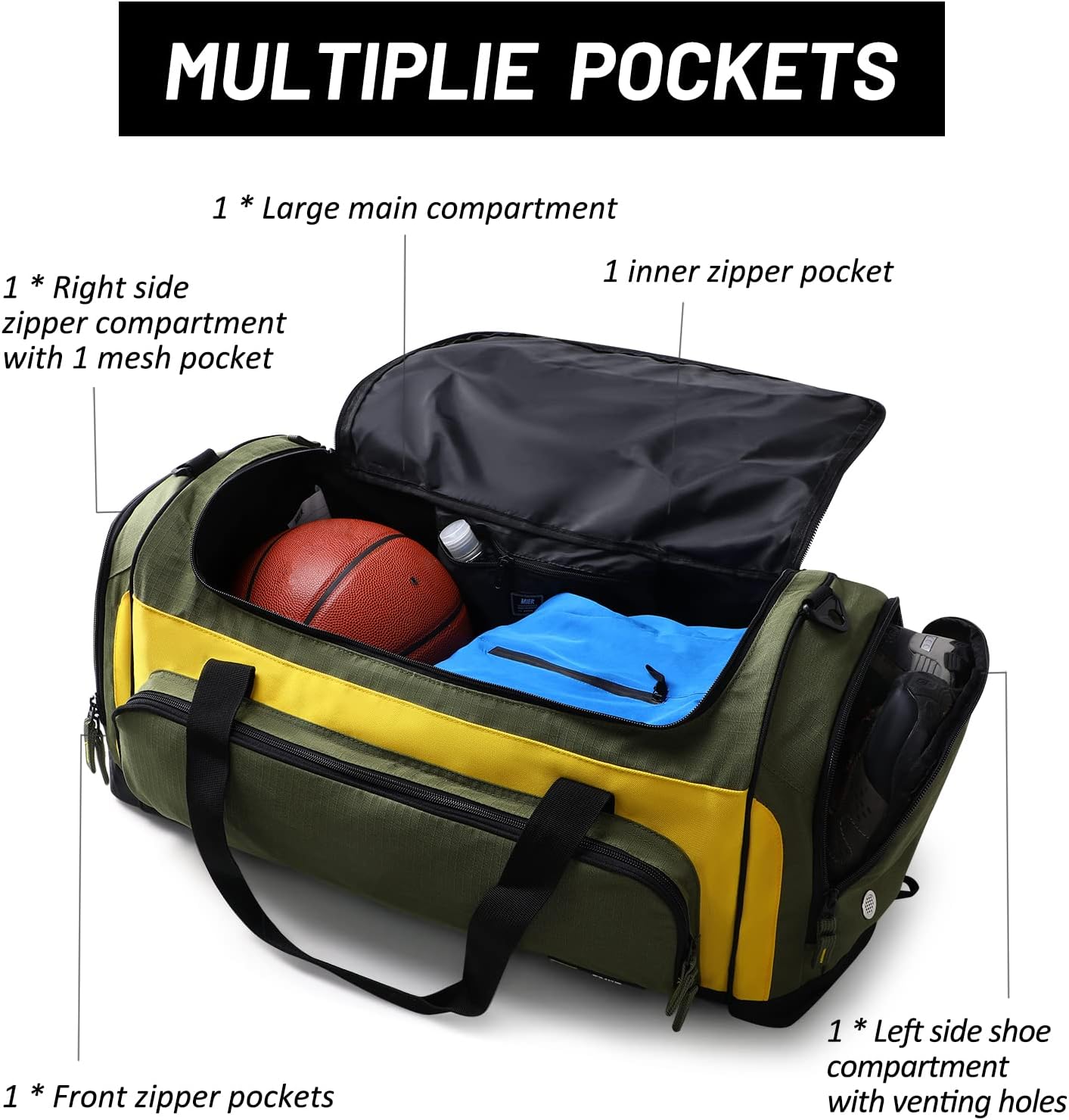 MIER Large Gym Bag for Men Sports Duffle Bag with Shoe Compartment 60L Lightweight Duffel Bags for