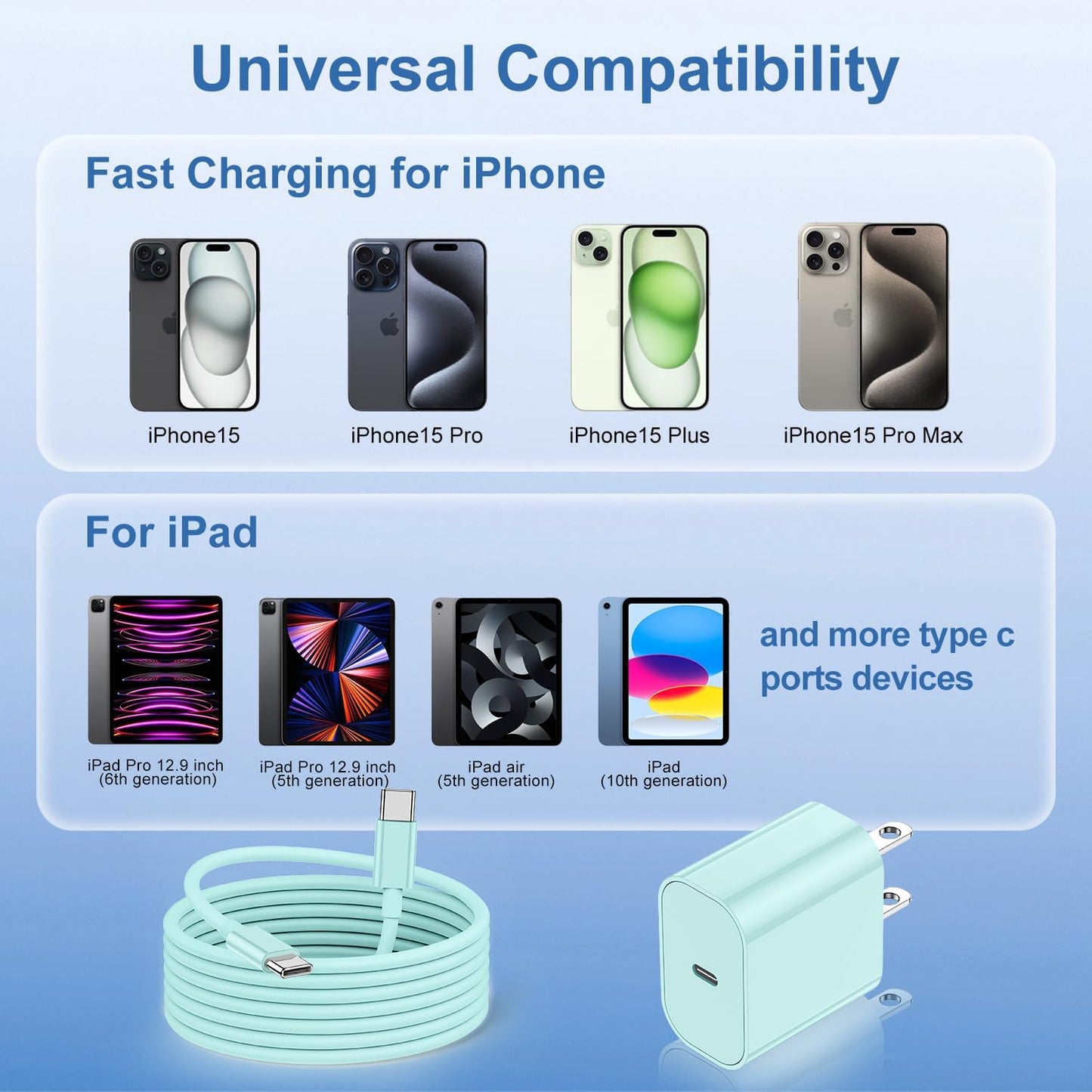 iPhone 17 16 15 Fast Charger Block and 10ft USB C to C Cable Cord Long for Apple iPhone 17 Pro Max/17 Air/16e/16 Plus/15/iPad/Samsung,Type C Wall Charging Power Adapter Plug Cube Brick-Light Green