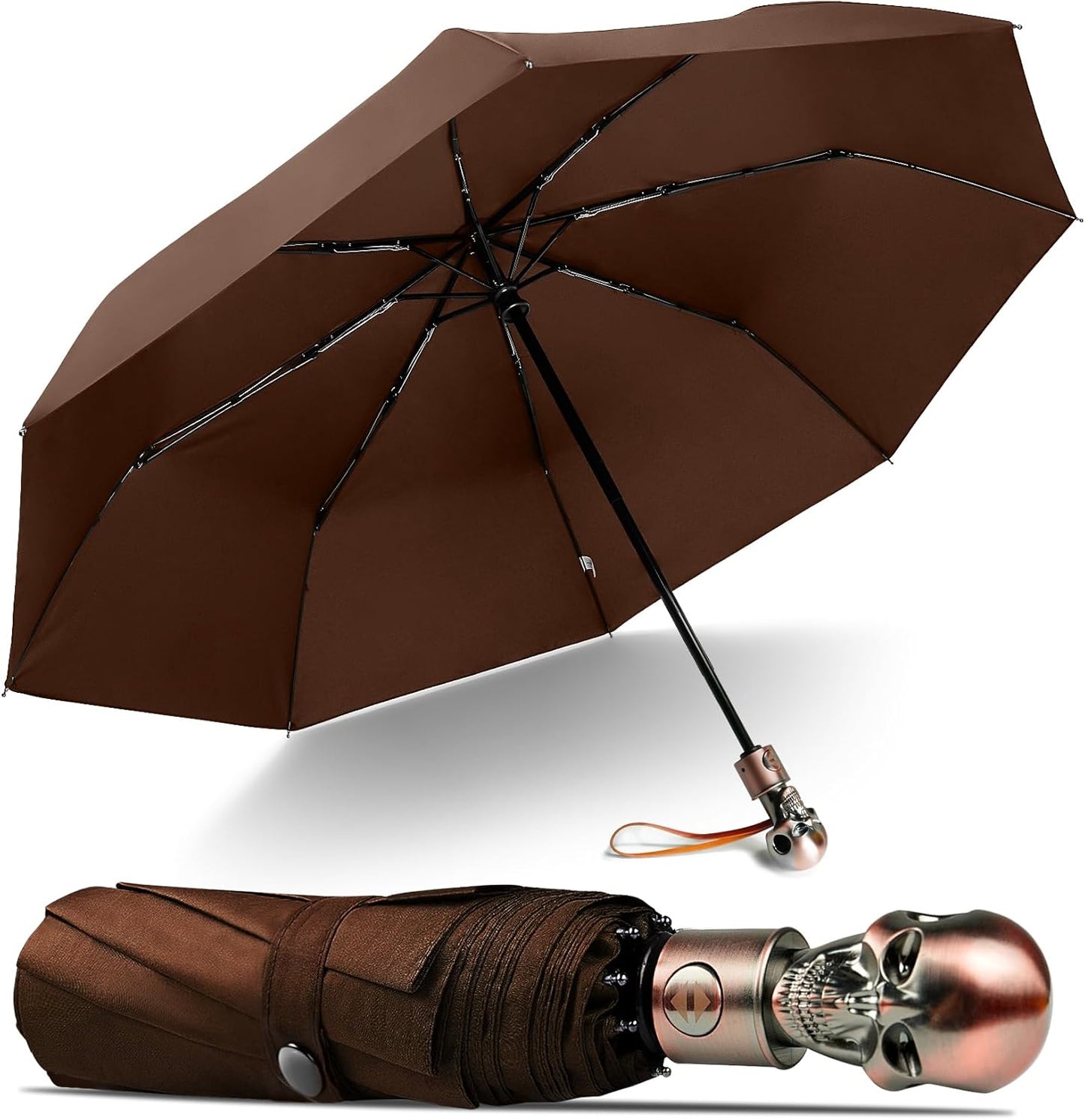 Lejorain Mens Black Skull Umbrella - Automatic Luxury Travel Windproof Umbrella Compact - Portable Strong Lightweight Rain Umbrella for Adults