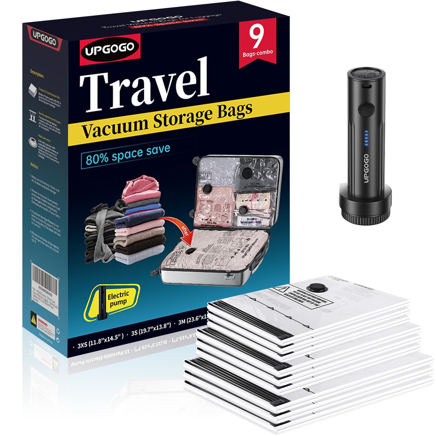 UPGOGO Travel Vacuum Bags for Luggage with Portable Electric Pump,Vacuum Seal Bags for