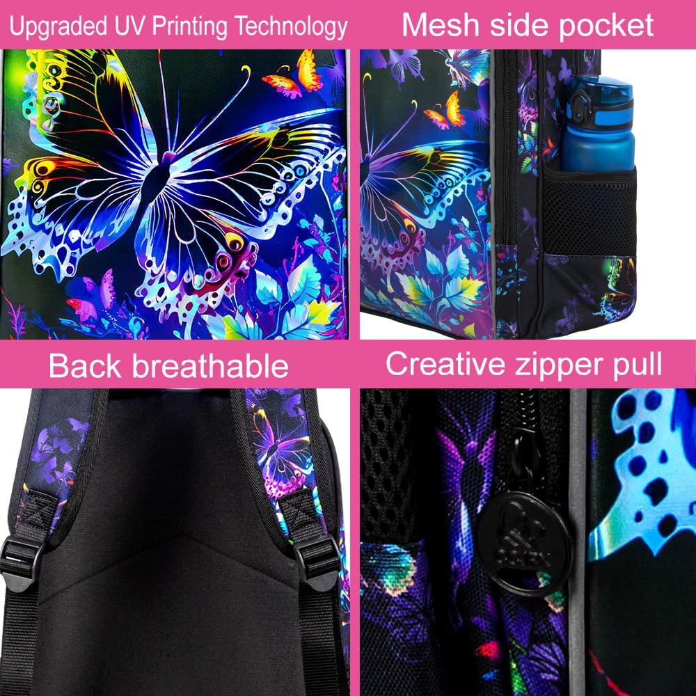 3PCS Backpack for Girls, Water Resistant Butterfly Bookbag Set with Lunch Box，Cute Elementary School Bag for Preschool Toddler