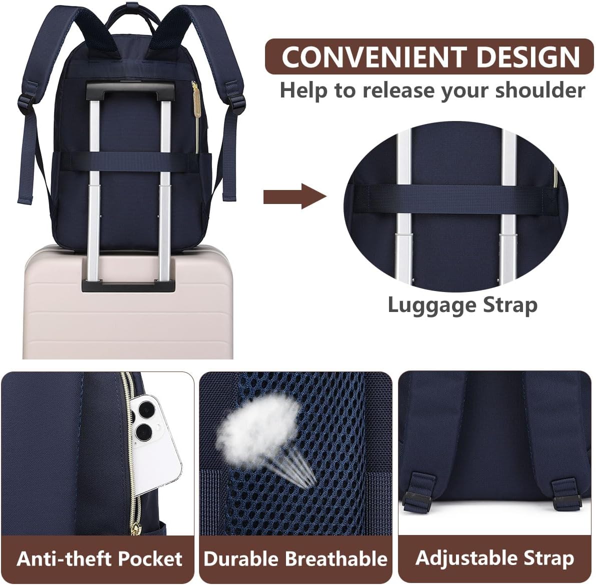 Laptop Backpack for Women, Fits 15.6 Inch Laptop Bag, Fashion Travel Work Backpack Anti-theft Bag with USB Charging, Business Computer Waterproof Backpack Purse, Beige Blue Brown
