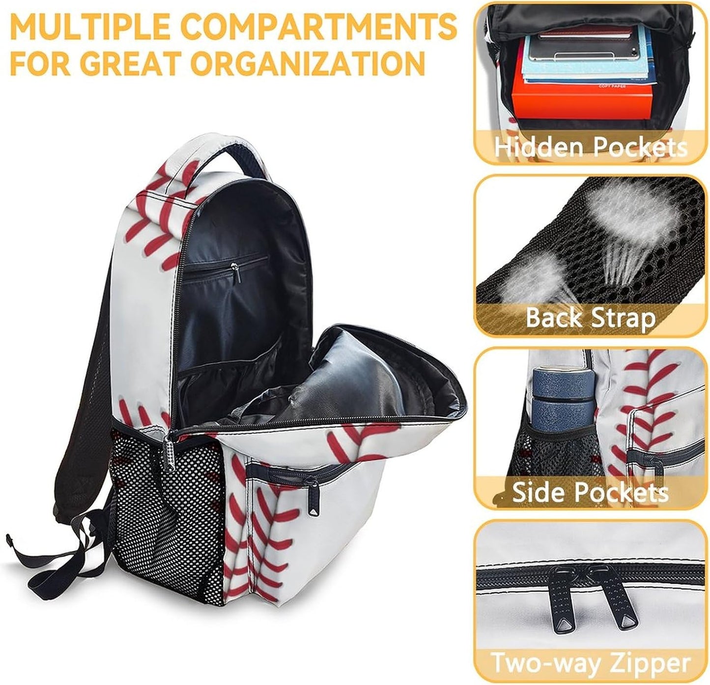 Baseball Backpack with Lunch Box Set for Boys, 3 in 1 School Backpacks Matching Combo, Sports White Bookbag and Pencil Case Bundle