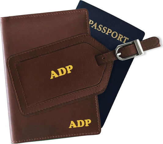 Personalized Monogrammed Toffee Leather RFID Passport Wallet and Luggage Tag