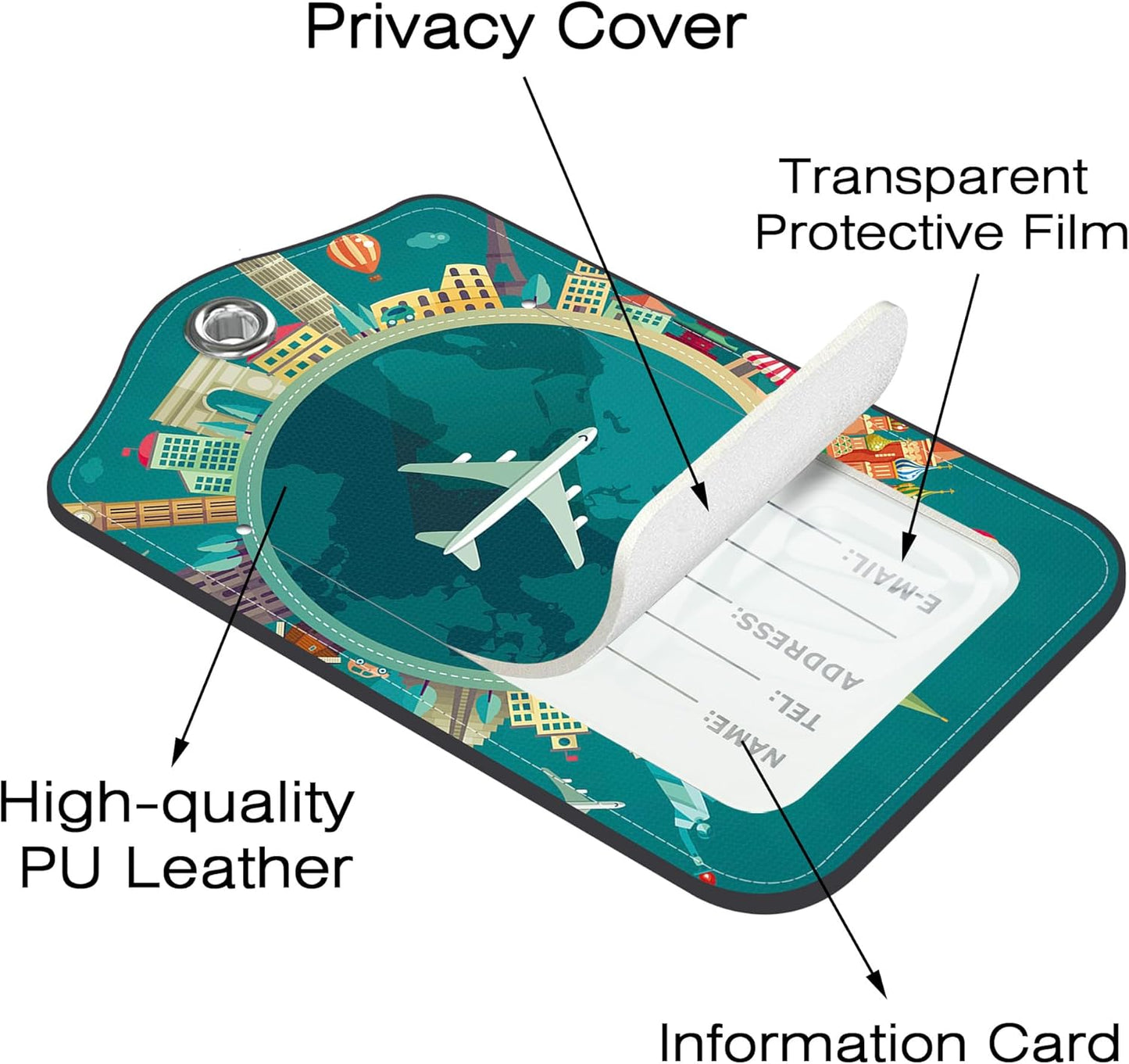 2 Pack Luggage Tags for Suitcase,Travel Around The World PU Leather Idea Baggage Tag with Name Labels Privacy Cover Metal Ring Men and Women Travel Cruise Labels