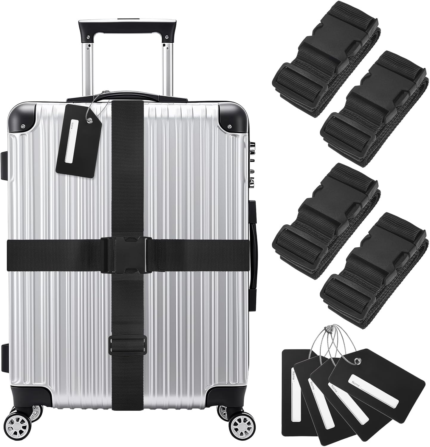 4-Sets Luggage Straps TSA Approved, Travel Straps for Luggage Suitcase Tags Set, Adjustable Suitcase Belt [Black]