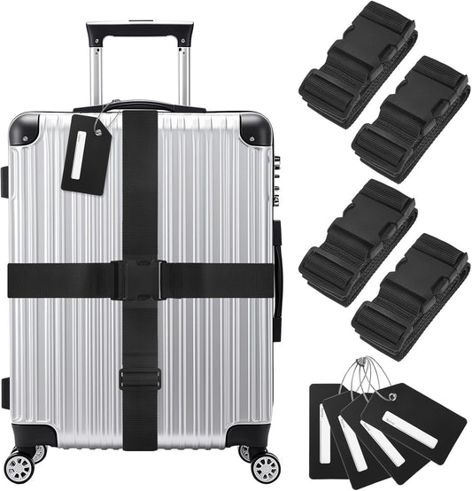 4-Sets Luggage Straps TSA Approved, Travel Straps for Luggage Suitcase Tags Set, Adjustable Suitcase Belt [Black]