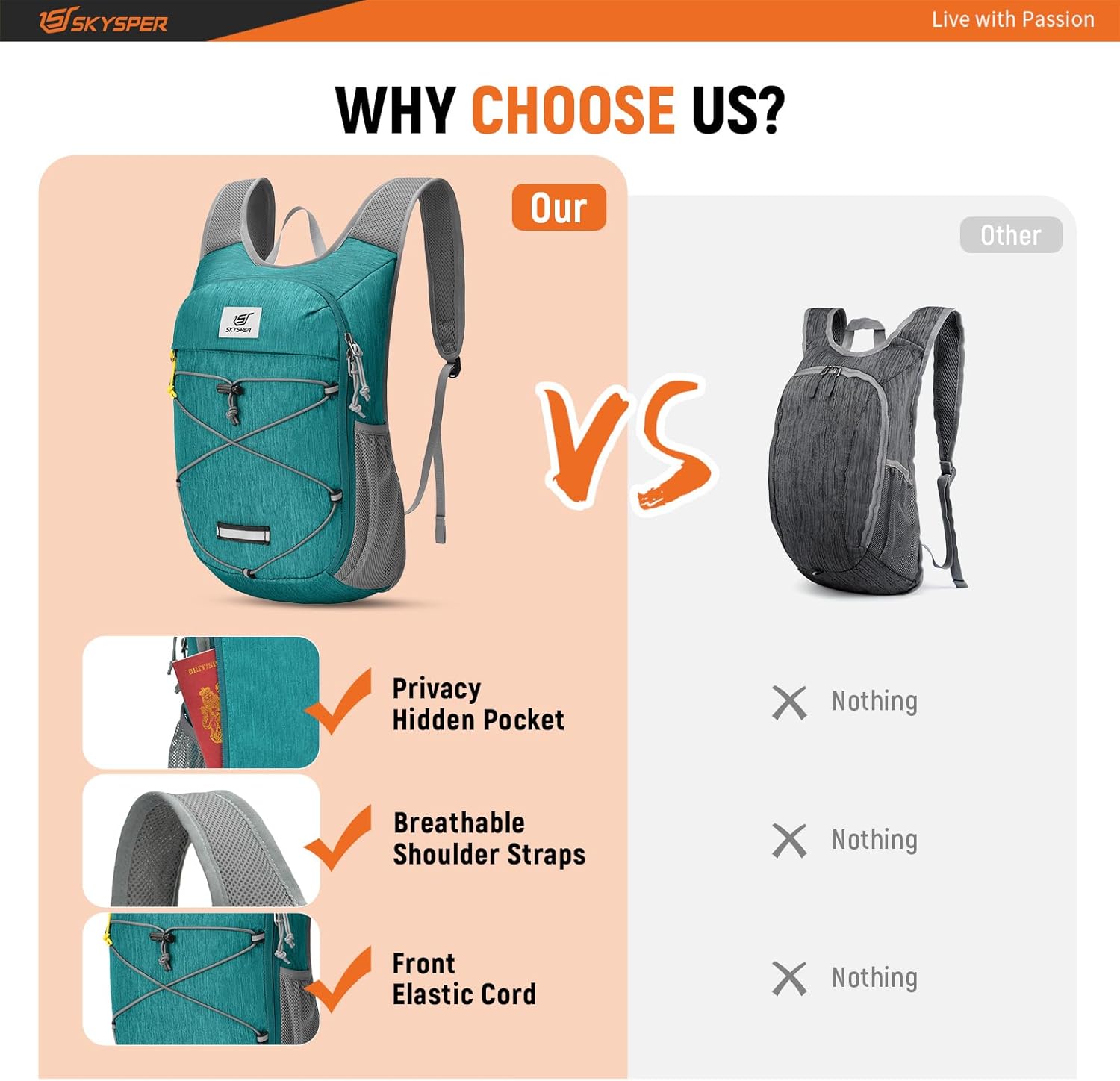 SKYSPER Foldable Hiking Backpack - 10L Small Lightweight Daypack Breathable Travel Backpacks for