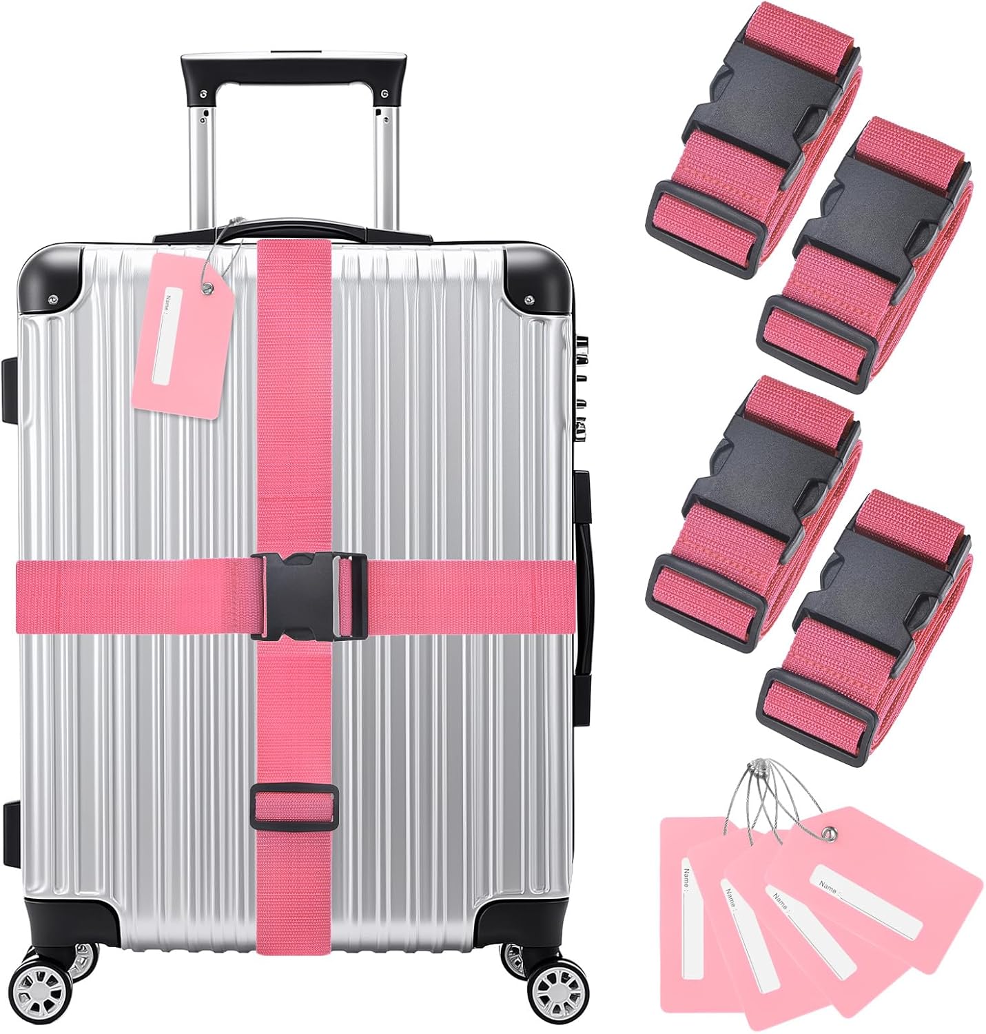 4-Sets Luggage Straps TSA Approved, Travel Straps for Luggage Suitcase Tags Set, Adjustable Suitcase Belt [Pink]
