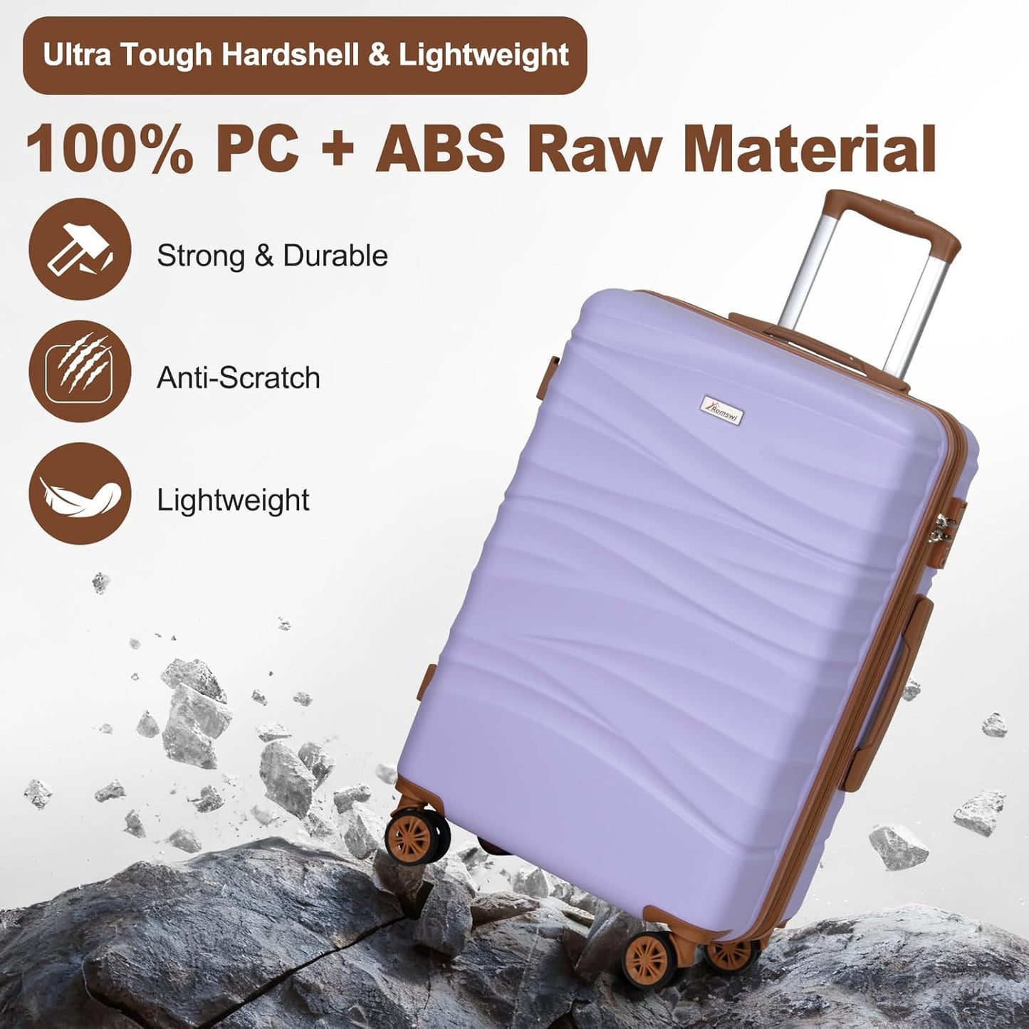 Romswi 3-Piece Luggage Set 20/24/28 Inch, Expandable PC+ABS Hardshell Suitcases, Durable Lightweight Suitcase Set with TSA Lock & Dual Spinner Wheels, Purple