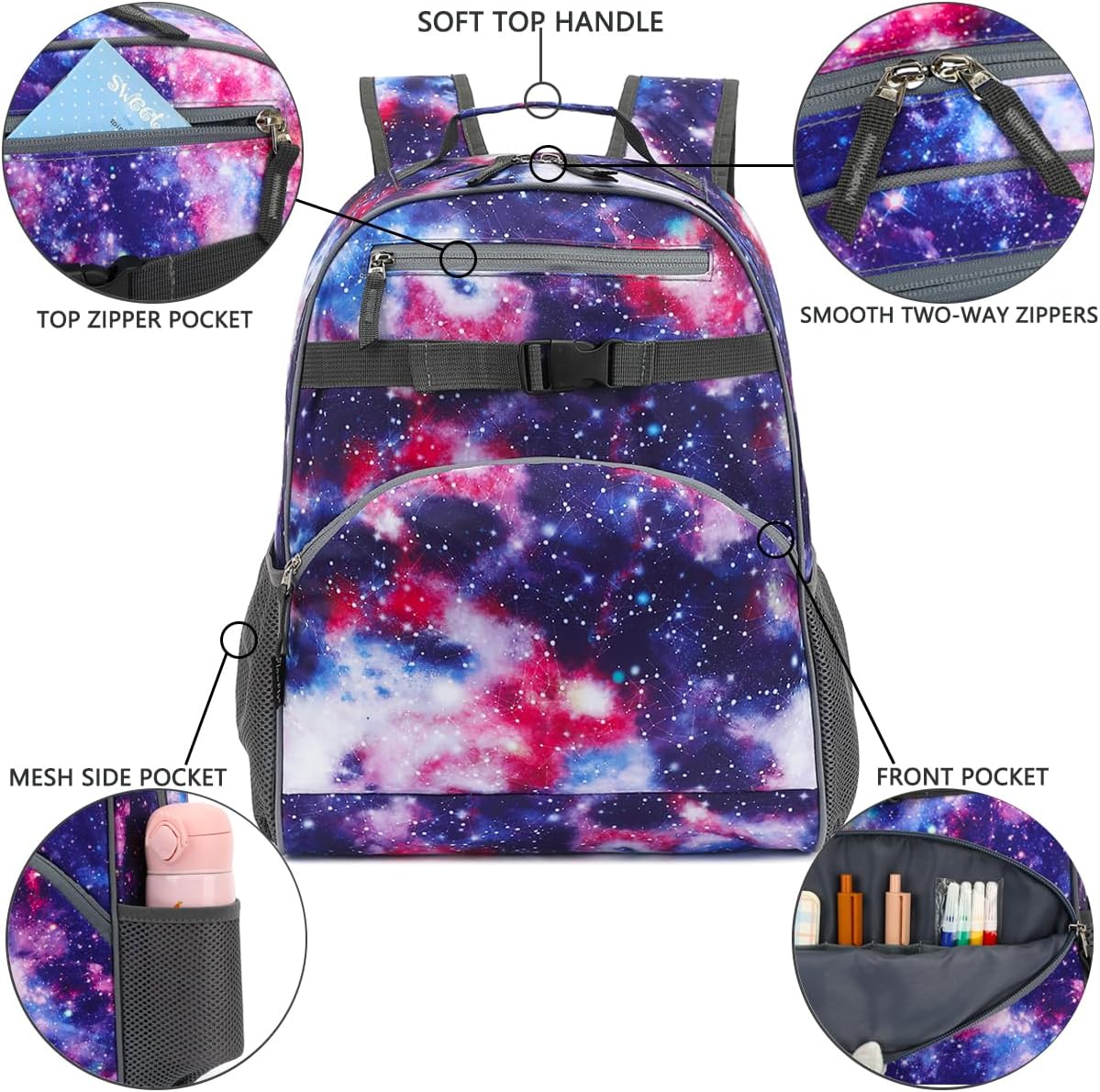 FlowFly Kids Backpack for Toddler Boys Girls, Simple Lightweight Bookbag for Daycare Kindergarten Elementary School Travel, Small Modern Bag (Large), Galaxy