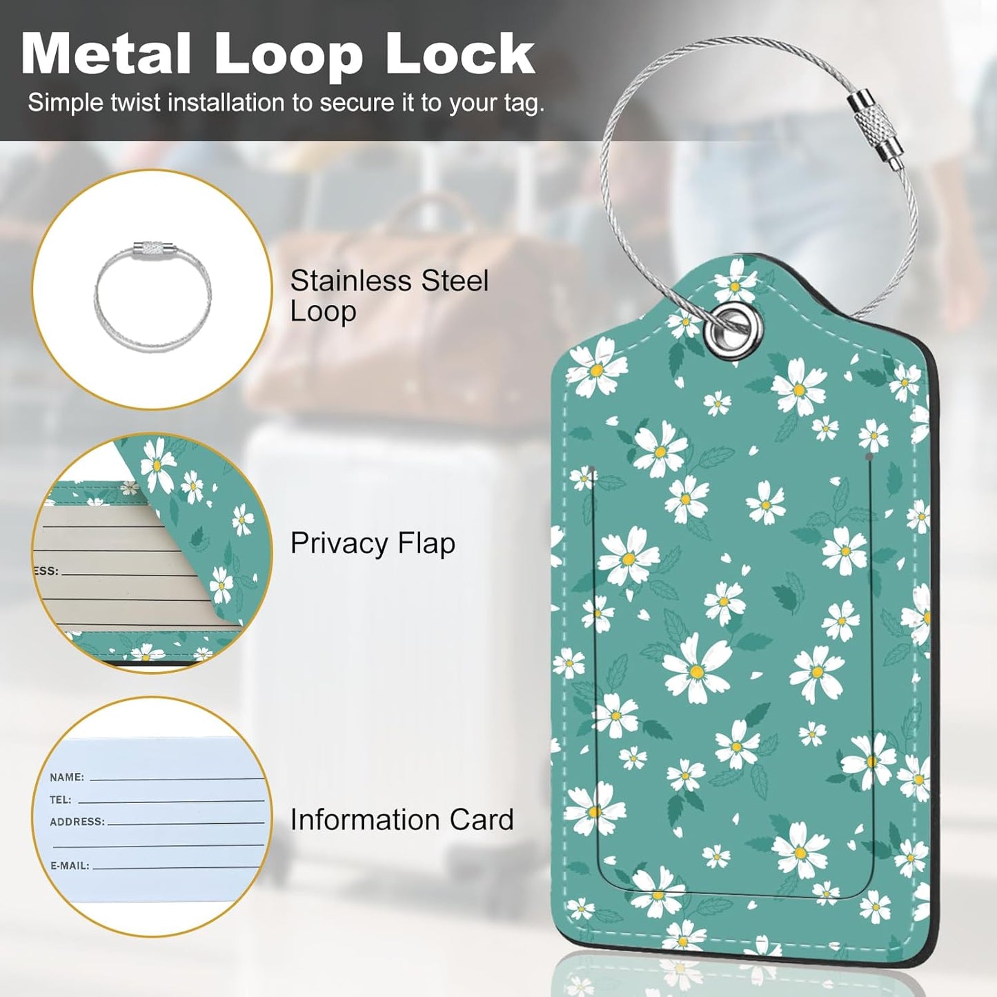 2Pack Luggage Tags for Suitcases, Cute Unique Pu Leather Cruise Luggage Tag with Privacy Cover ID Label Address Card and Metal Ring Suitable for Women Men Kids Travel Bag White Chopped Flower 7