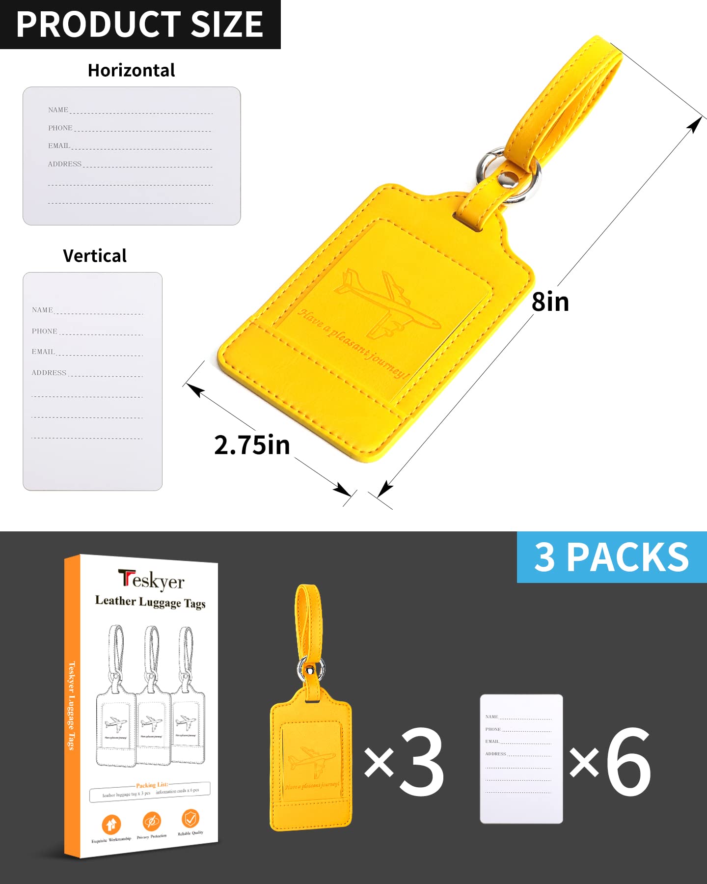 Teskyer Leather Luggage Tags for Suitcases, 3 Pack, Yellow