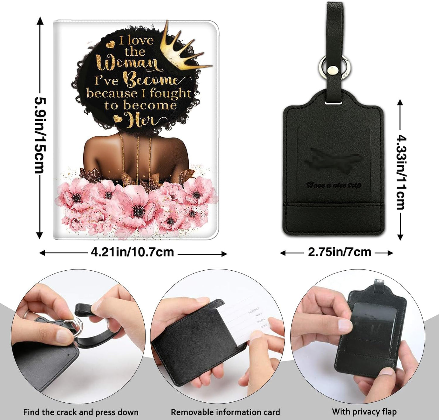 Passport Holder Women Wallet with Luggage Tag, Leather Passport Cover with RFID Blocking, Travel Accessories Multi Card Slot Passport Case for Men，Black Crown Girl Pink Flower
